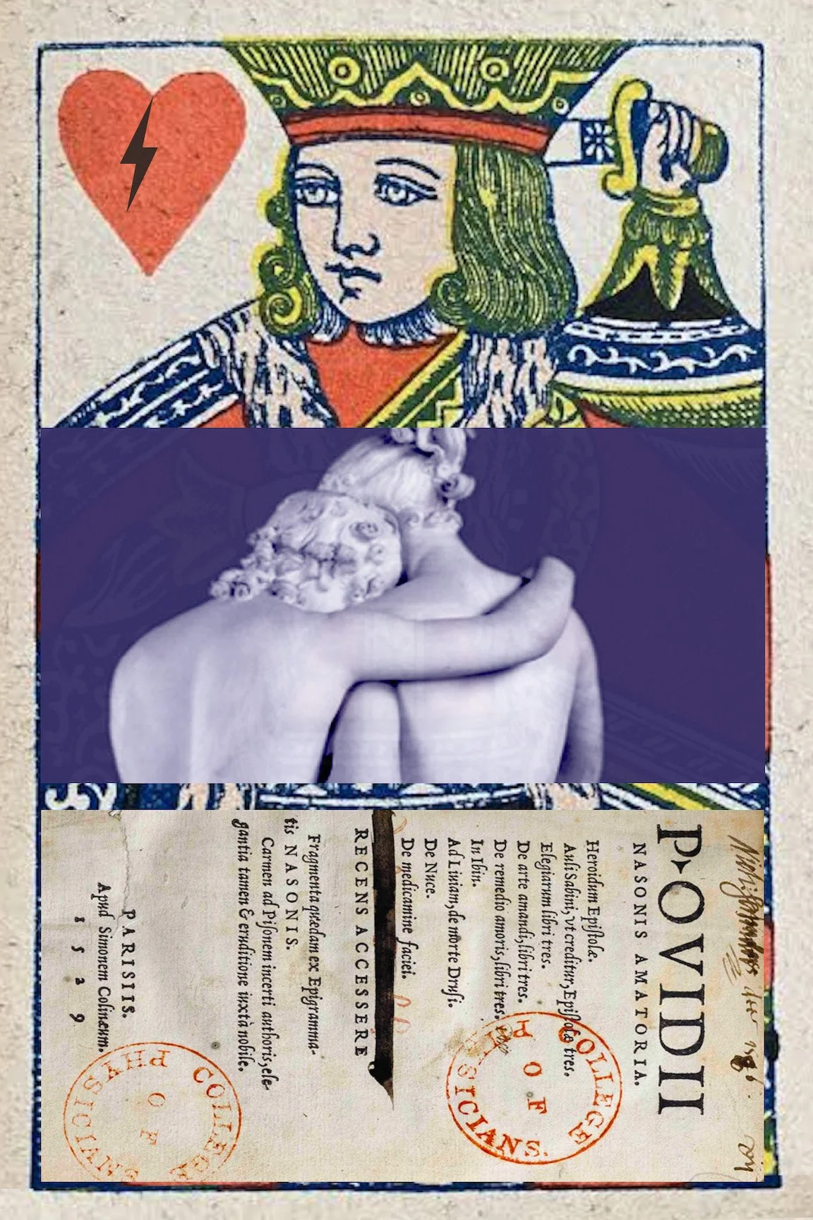 graphic of a jack playing card, marble statues in an embrace, and older-looking written text