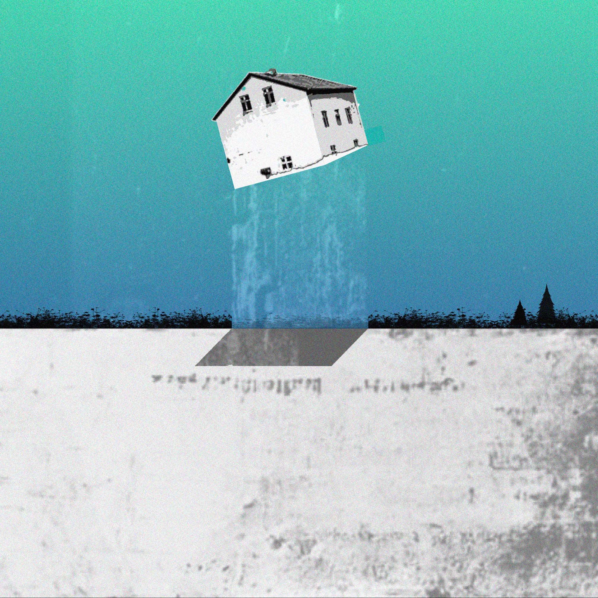 Illustration with floating house with blue/green background