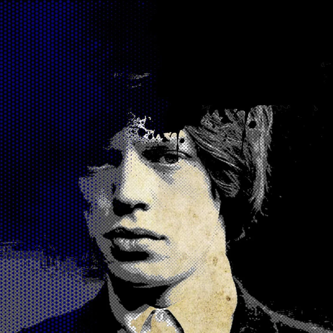 Pop-art portrait of a Mick Jagger of the Rolling Stones in black and blue tones.