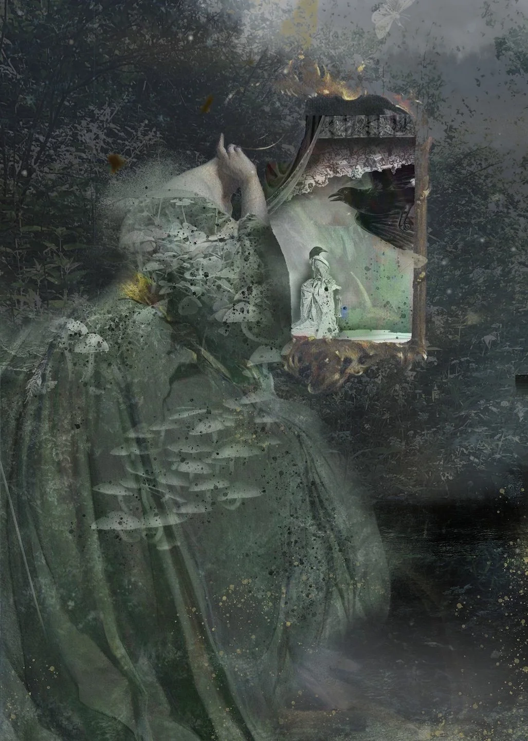 Dreamlike illustration of a cloaked figure in a dark forest holding a window frame, with birds and layered textures evoking imagination and inner worlds.