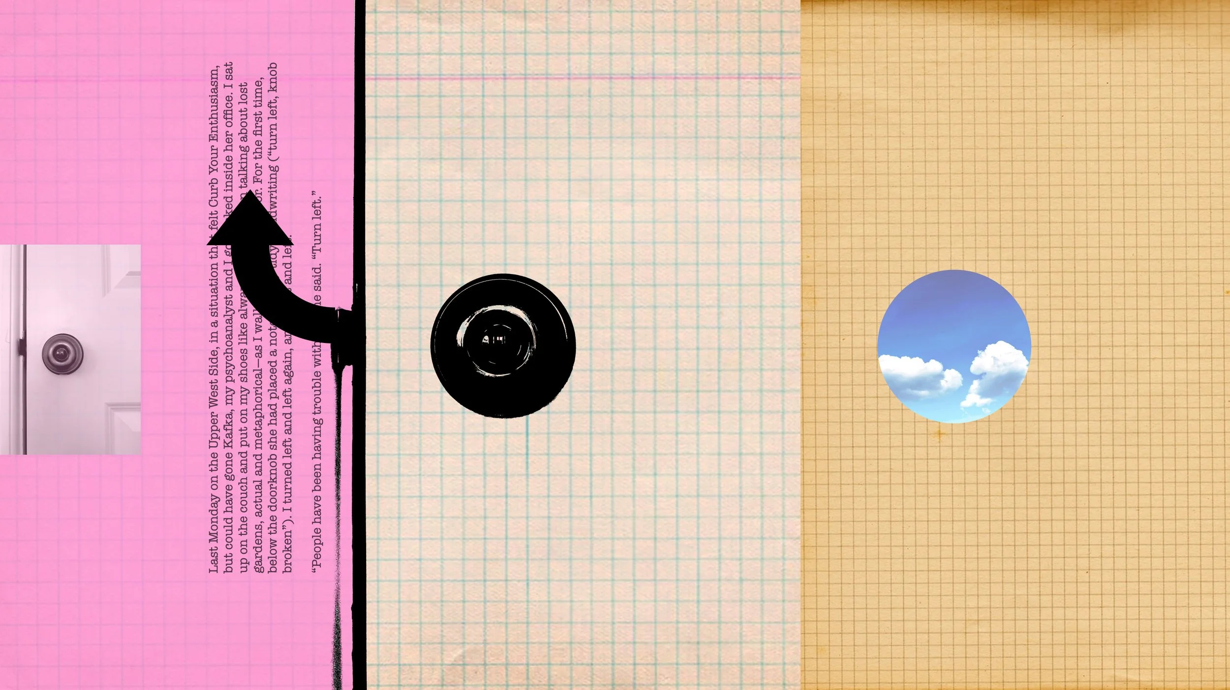 Collage of a doorknob, a curved black arrow, and a blue sky seen through a circular opening, set against pink, green, and yellow graph paper.
