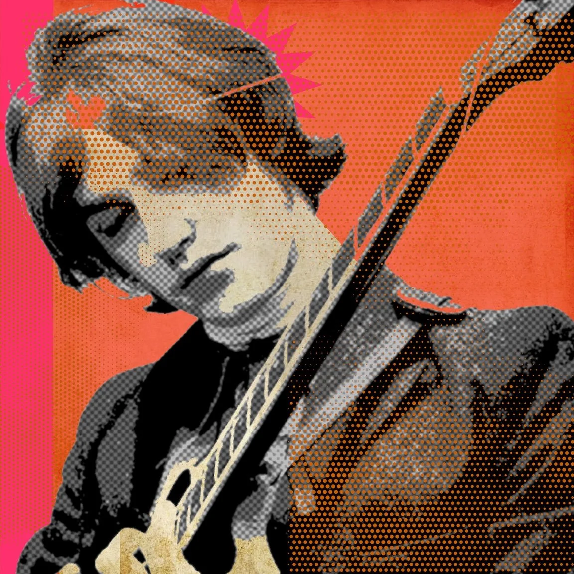 Pop-art illustration of a member of the Kinks playing guitar against an orange background.