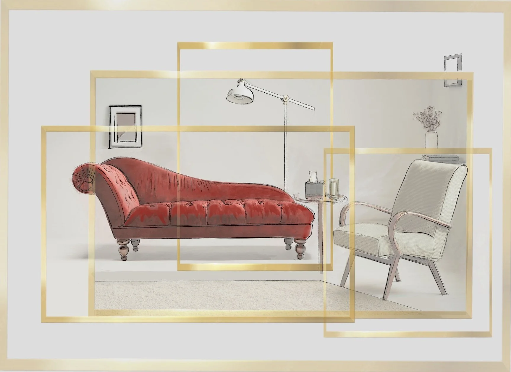 Graphic with red couch and white chair in office setting