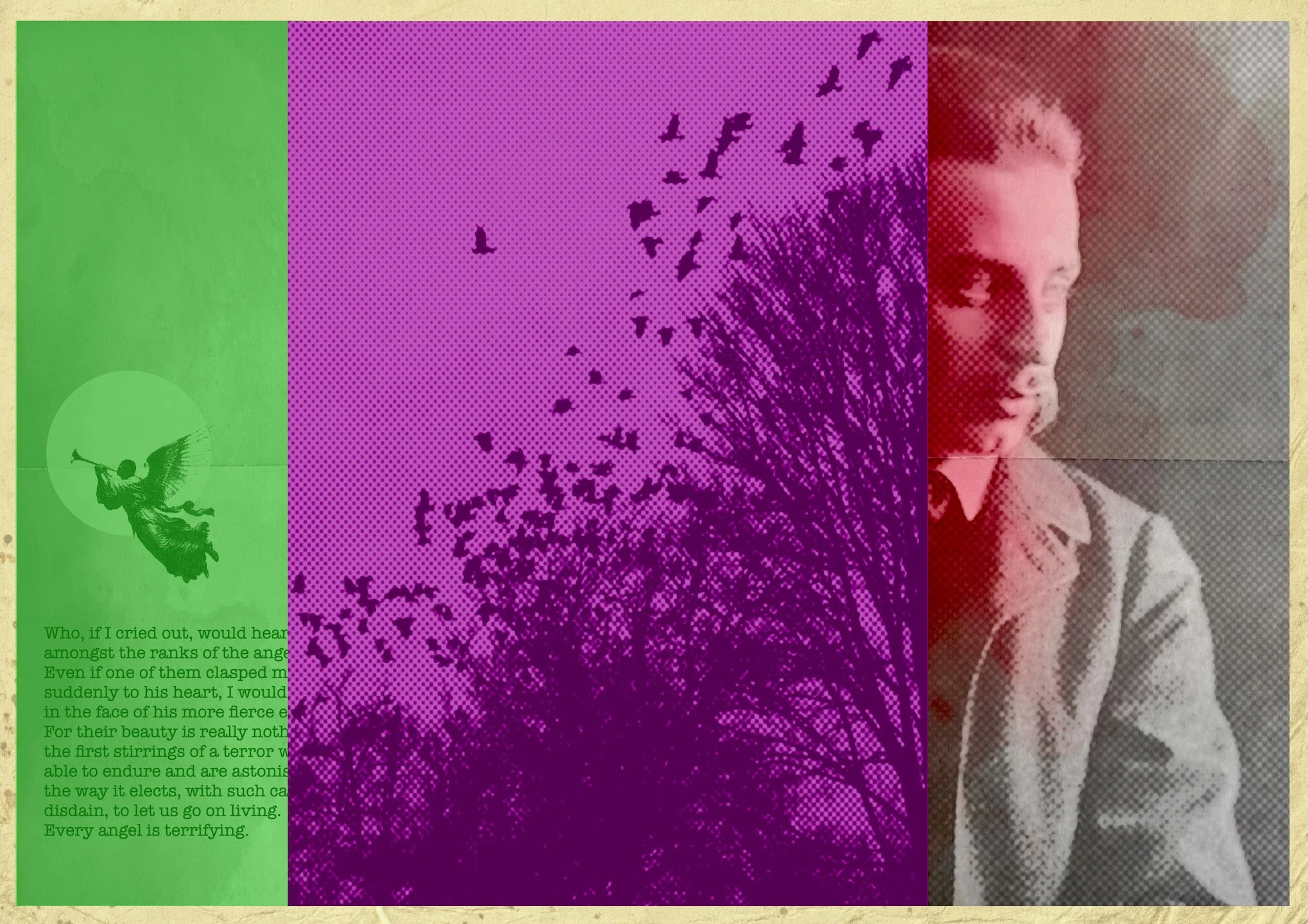 Digital collage in green, purple, red, and gray featuring a portrait of Rainer Maria Rilke, a shadowy profile, an angel, and fragments of the First Duino Elegy.