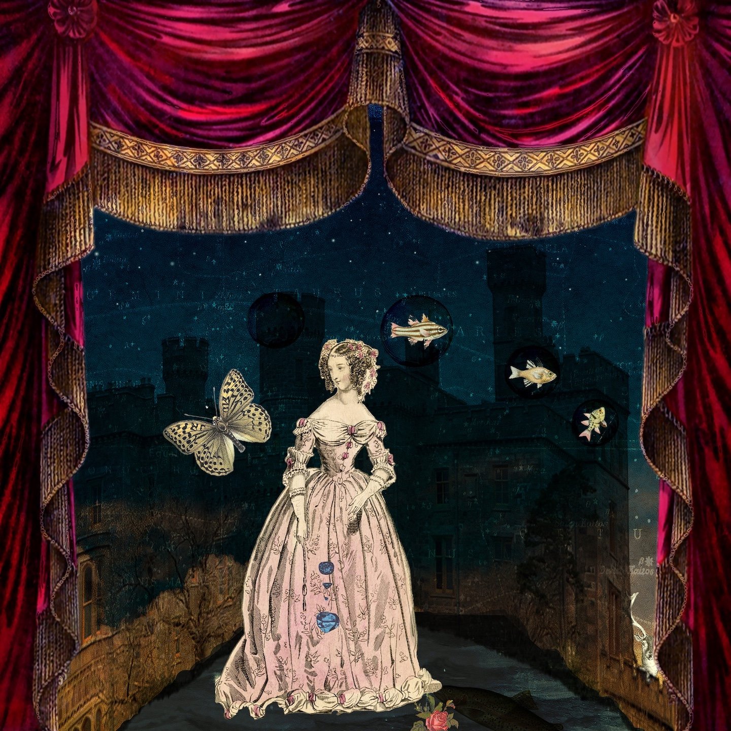 Theatrical fairy tale illustration of a Victorian-era woman on a stage framed by red curtains, surrounded by butterflies and fish, symbolizing fantasy and transformation.