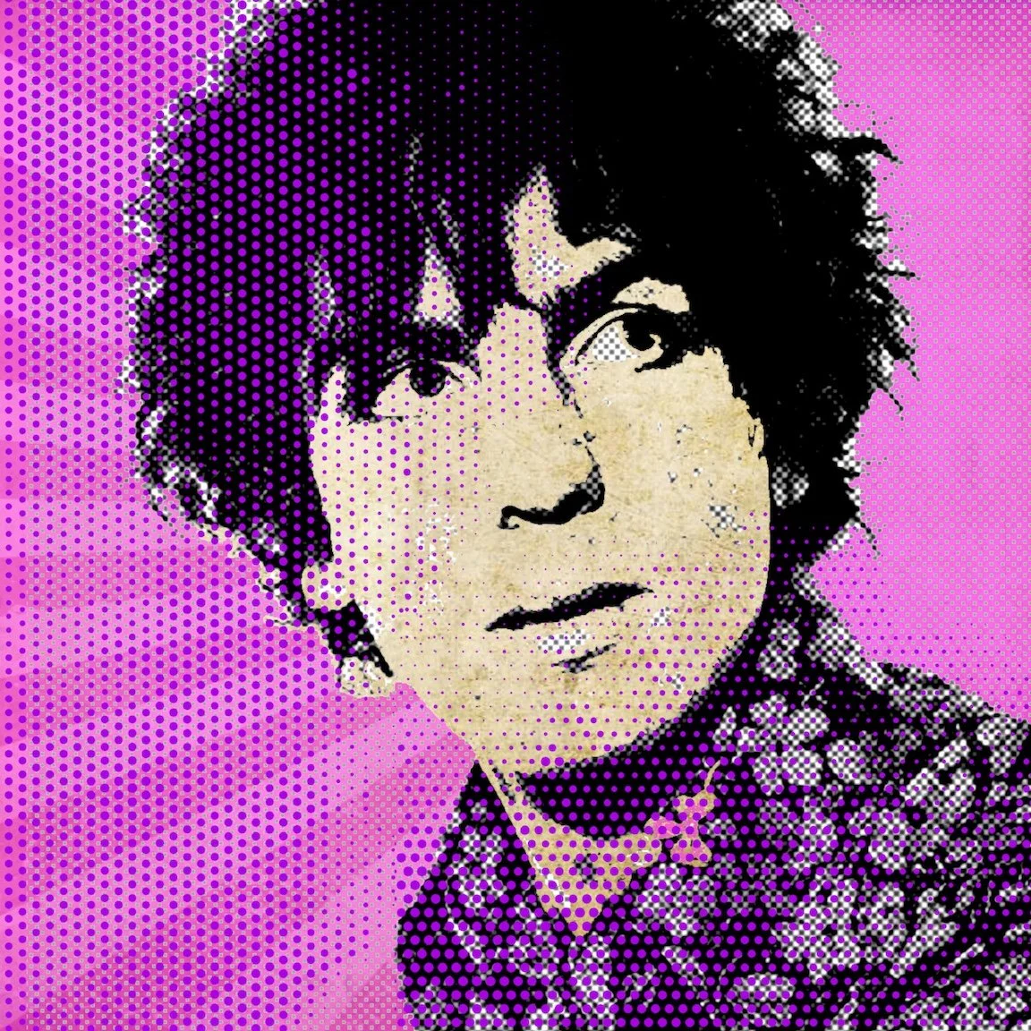 Pop-art portrait of Pink Floyd’s Syd Barrett, psychedelic era, rendered in purple and black.