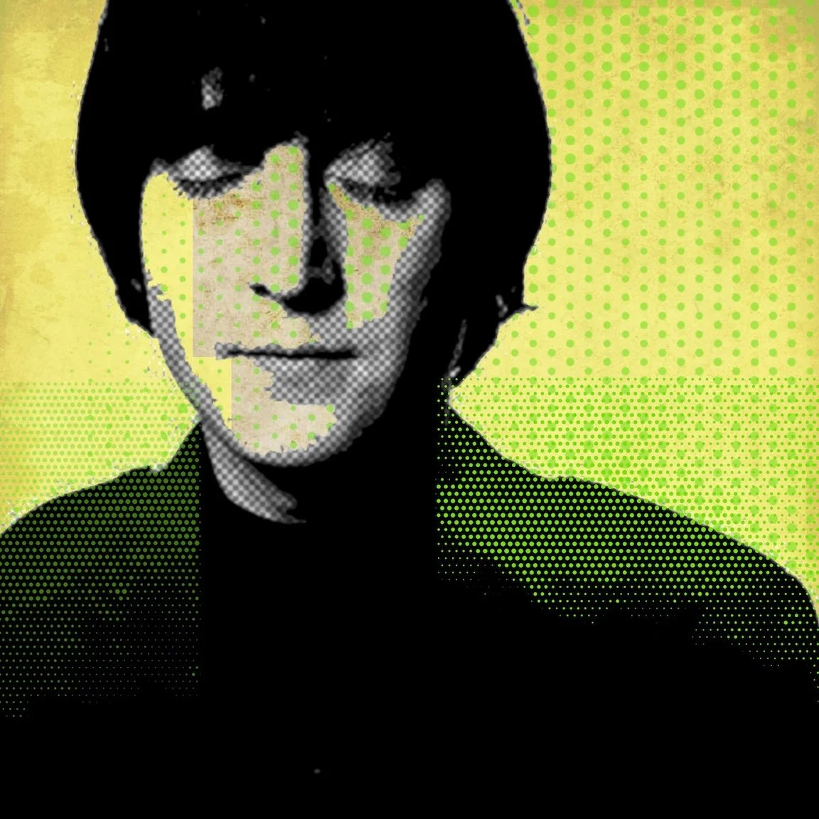 Pop-art portrait of John Lennon of the Beatles against a yellow-green background.