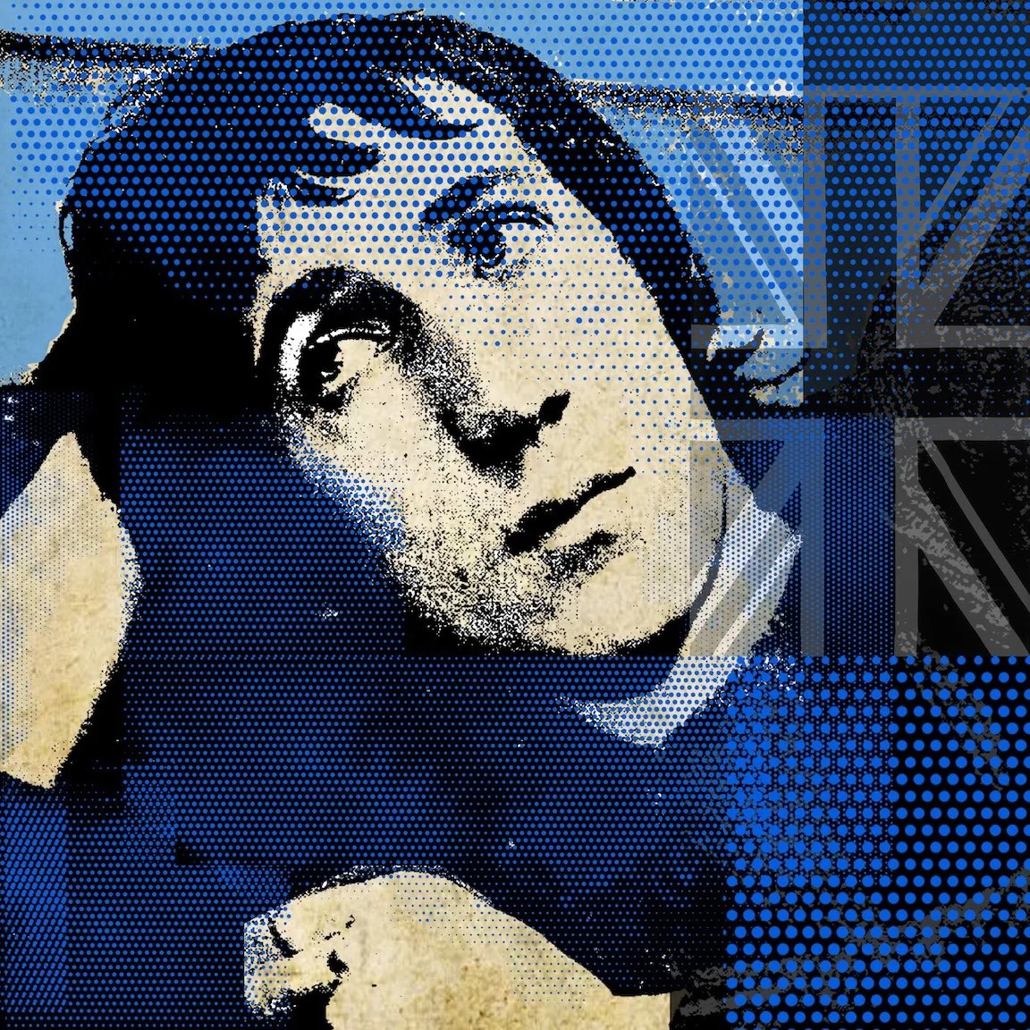 Pop-art portrait of a member of Pete Townshend in blue, black, and cream tones.