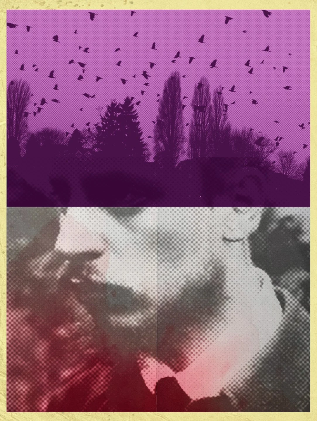 Halftone collage of a contemplative Rainer Maria Rilke in profile beneath a purple landscape filled with silhouetted trees and a flock of birds.
