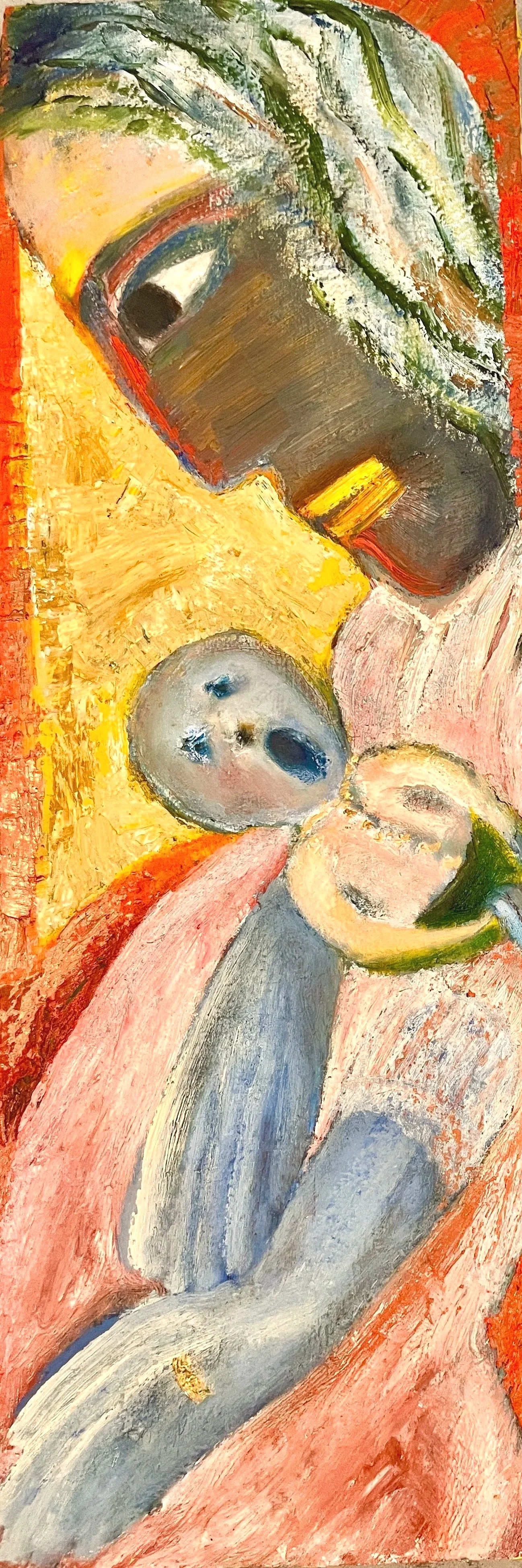 Mother and Child, Oil/mixed media on wood, 24"x 8" (inquire for price)