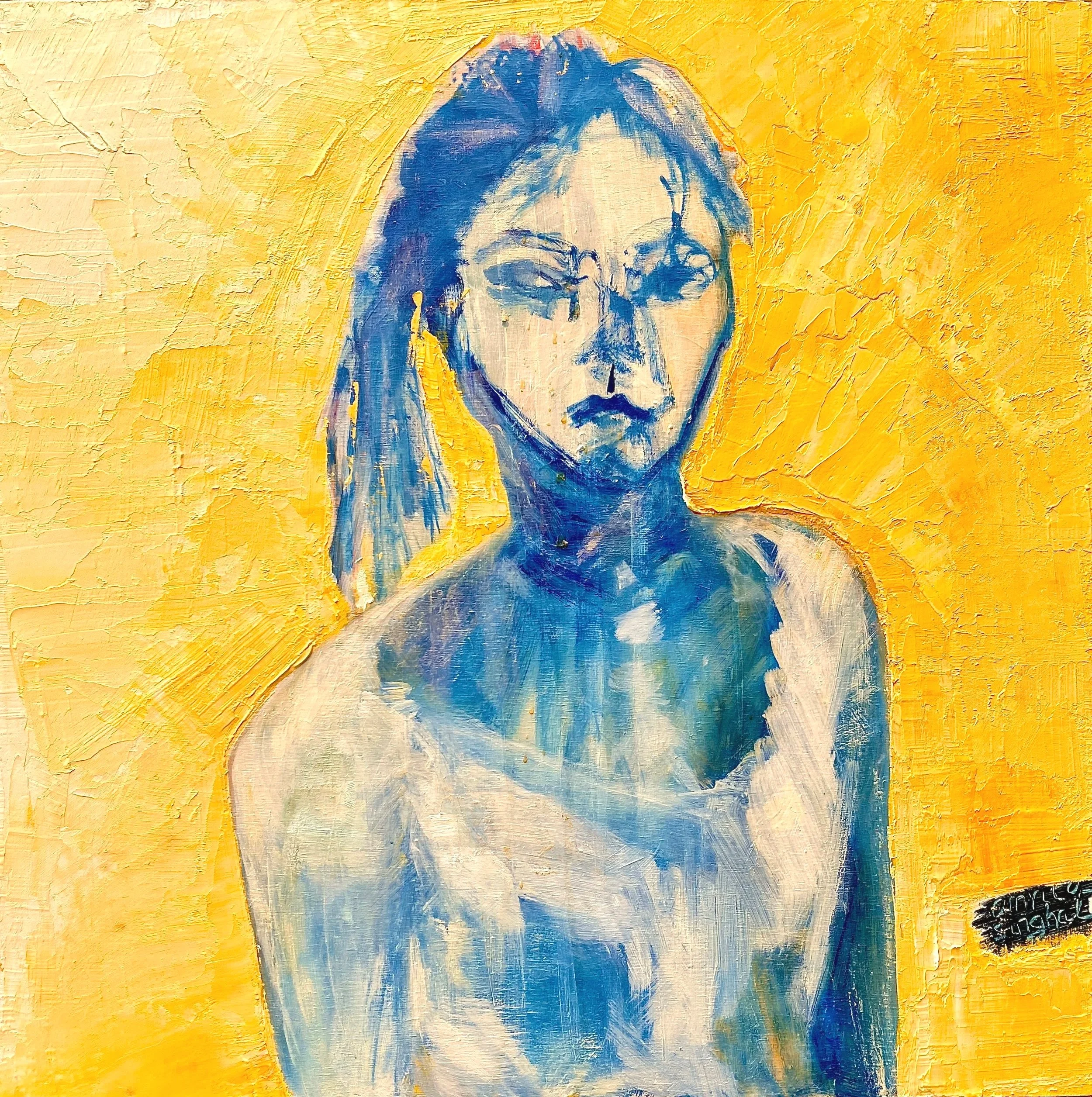 Portrait of the artist as a college student, Oil on wood, 18"x18"