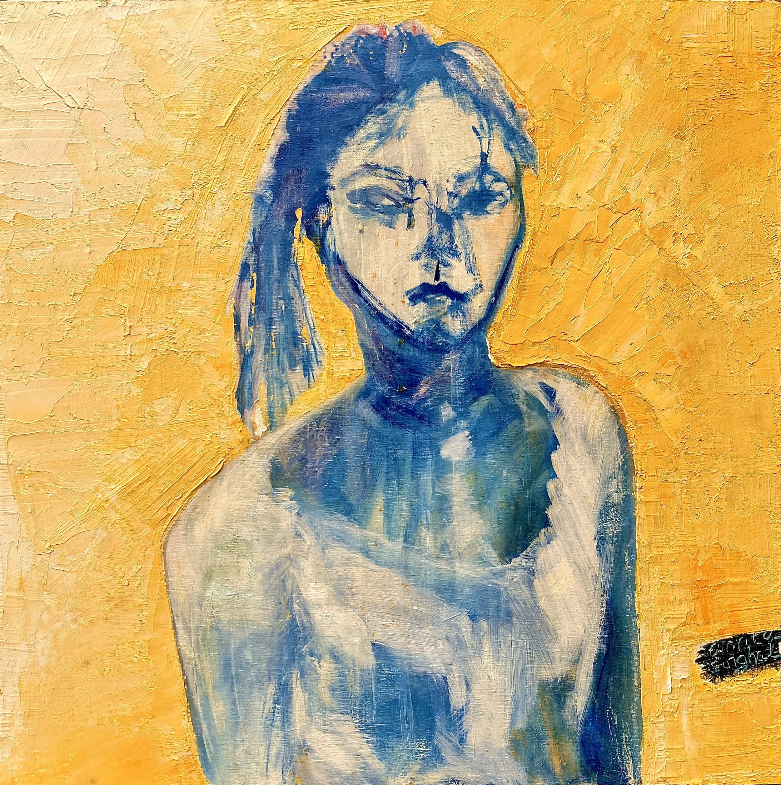 Portrait of the artist as a college student, Oil on wood, 18" x 18" (NFS)