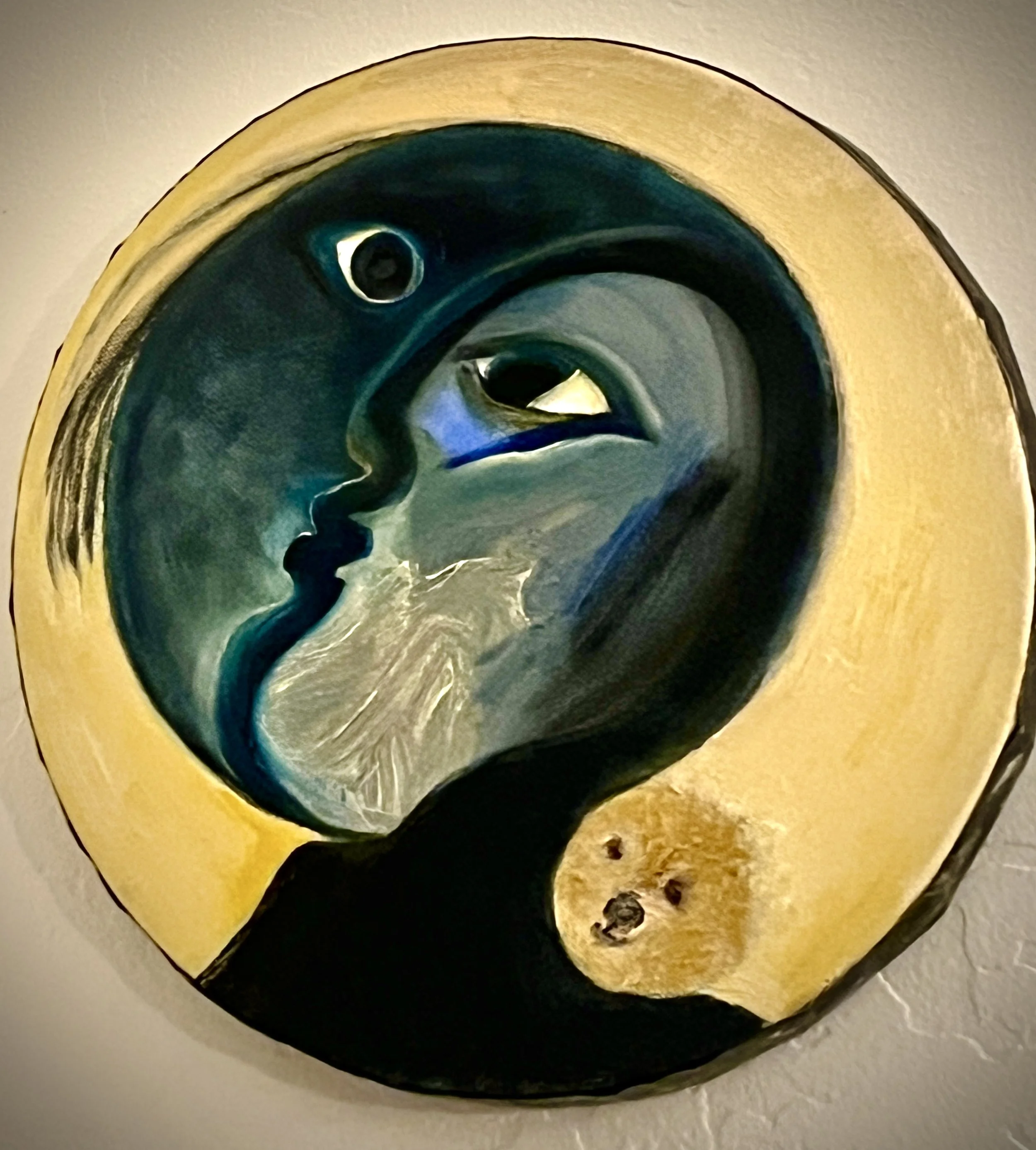 Self Portrait with Moon and Archie, 10" round, Oil on canvas