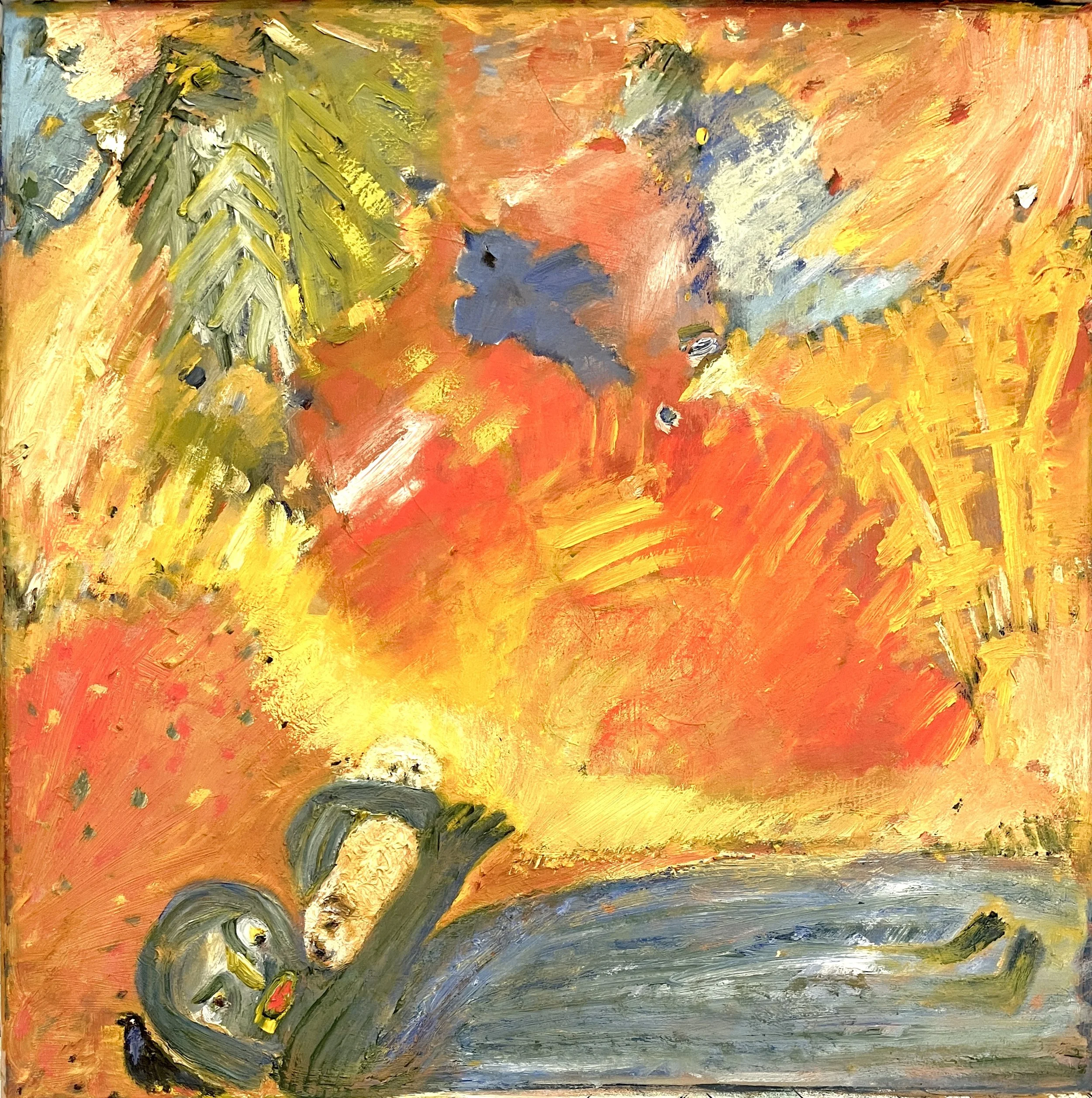 Self Portrait in the garden, 20 x 20", Oil/mixed media