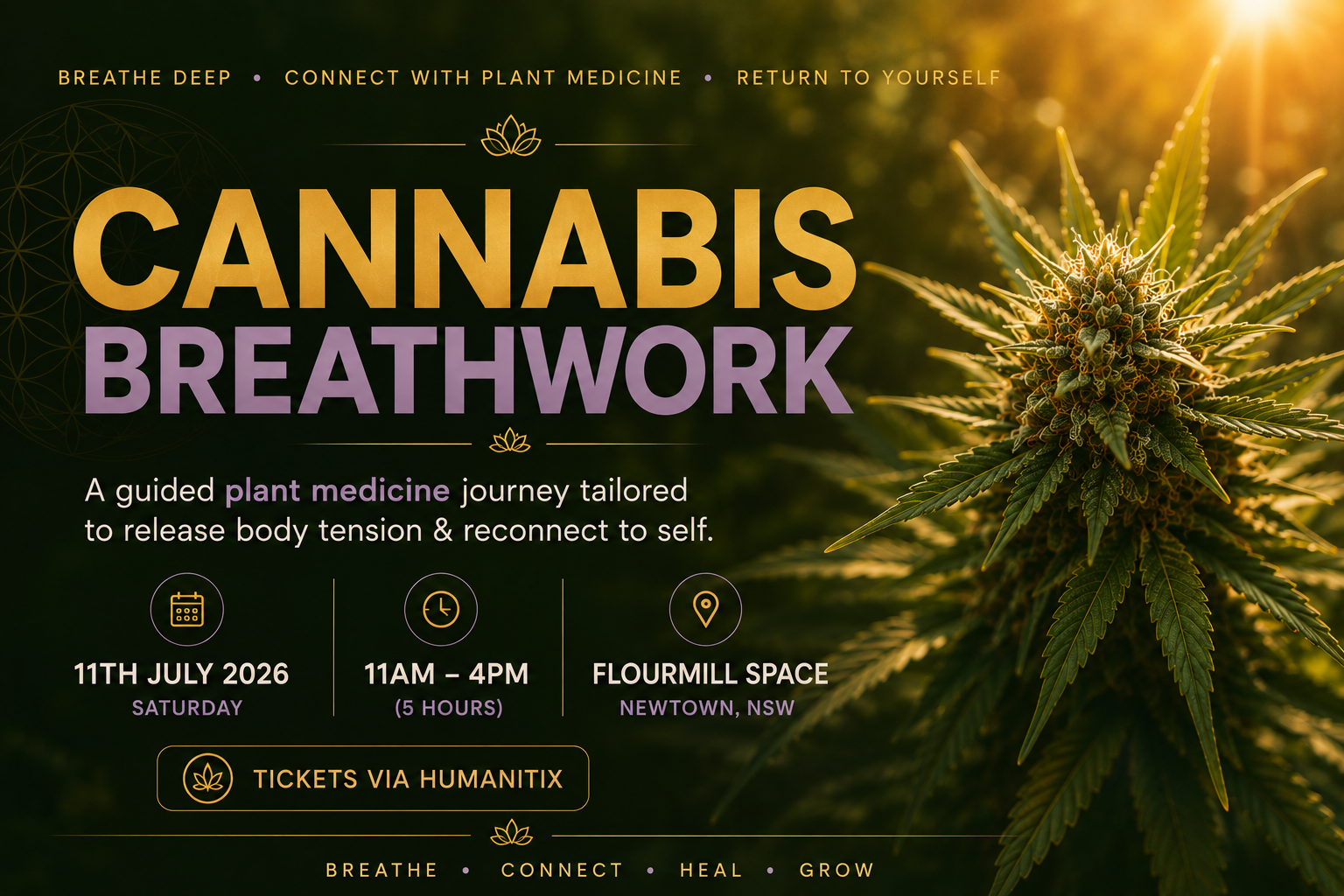 Text overlay announcing a cannabis breath journal event on May 30, 2026, from 12 PM to 4:30 PM at Flournmill Space, Newtown, overlaid on a background of cannabis leaves.