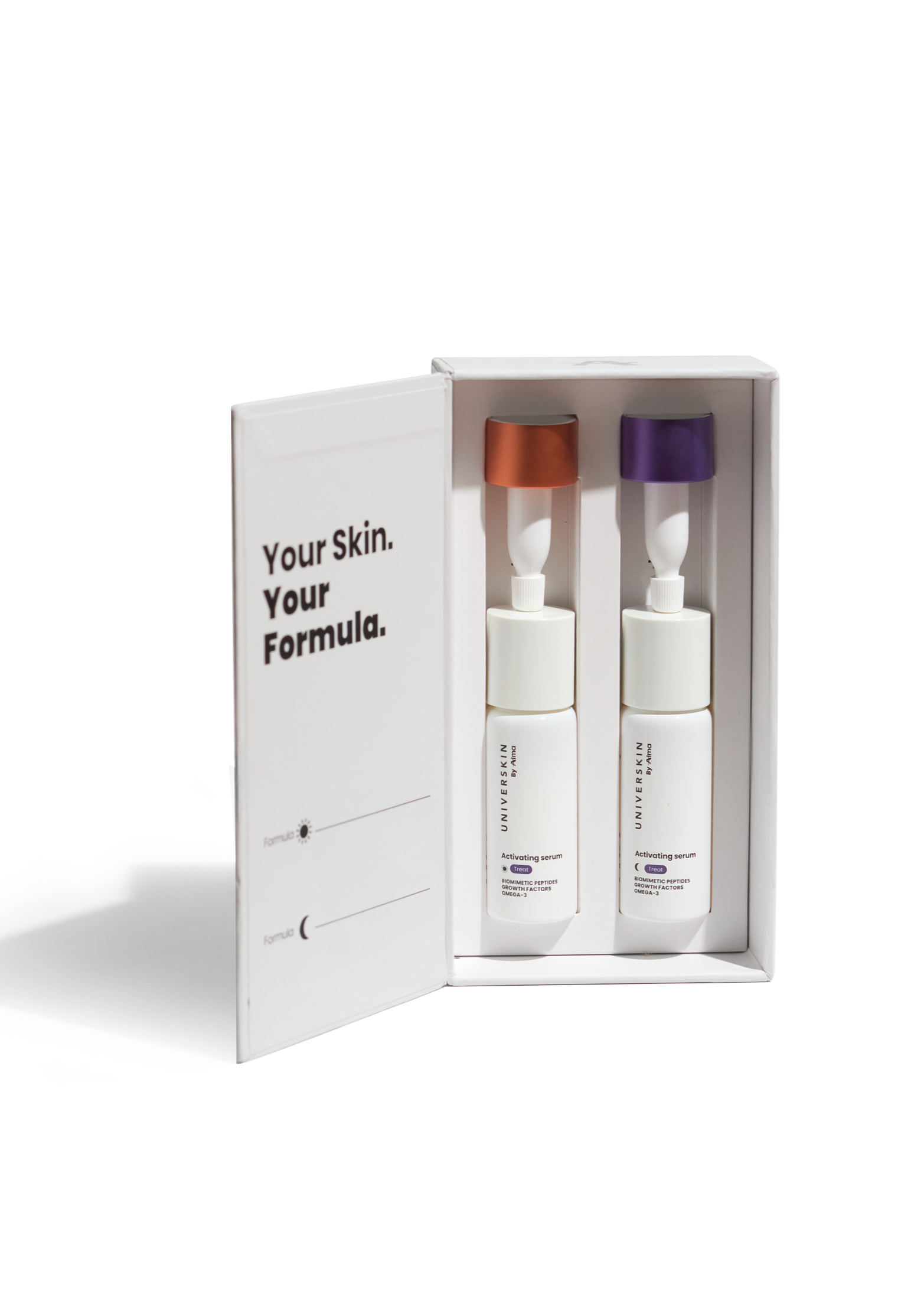 Two small white bottles in a white box, serum bottles for custom serum mix