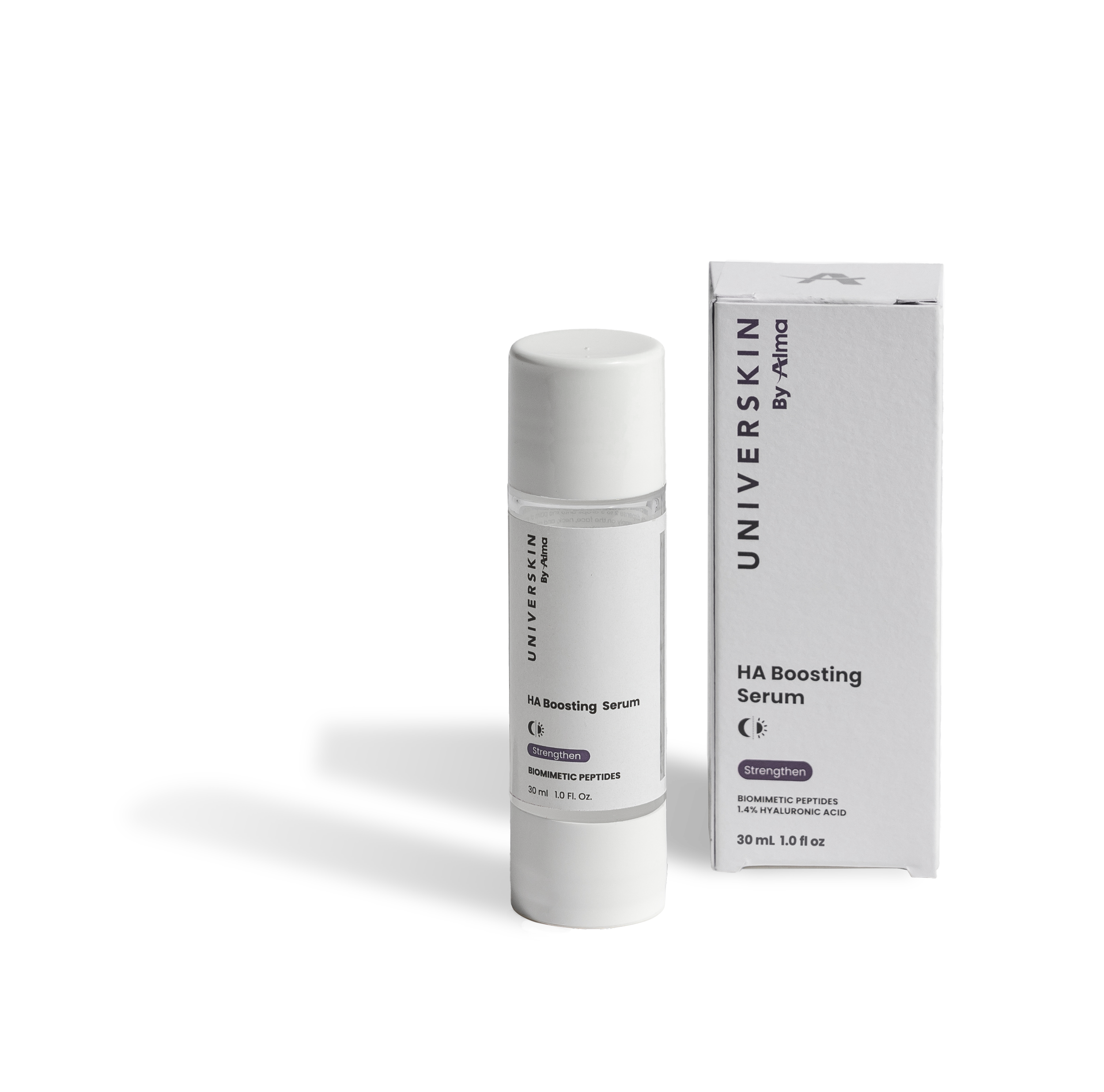 hyaluronic acid serum bottle with universkin branding and white packaging next to it