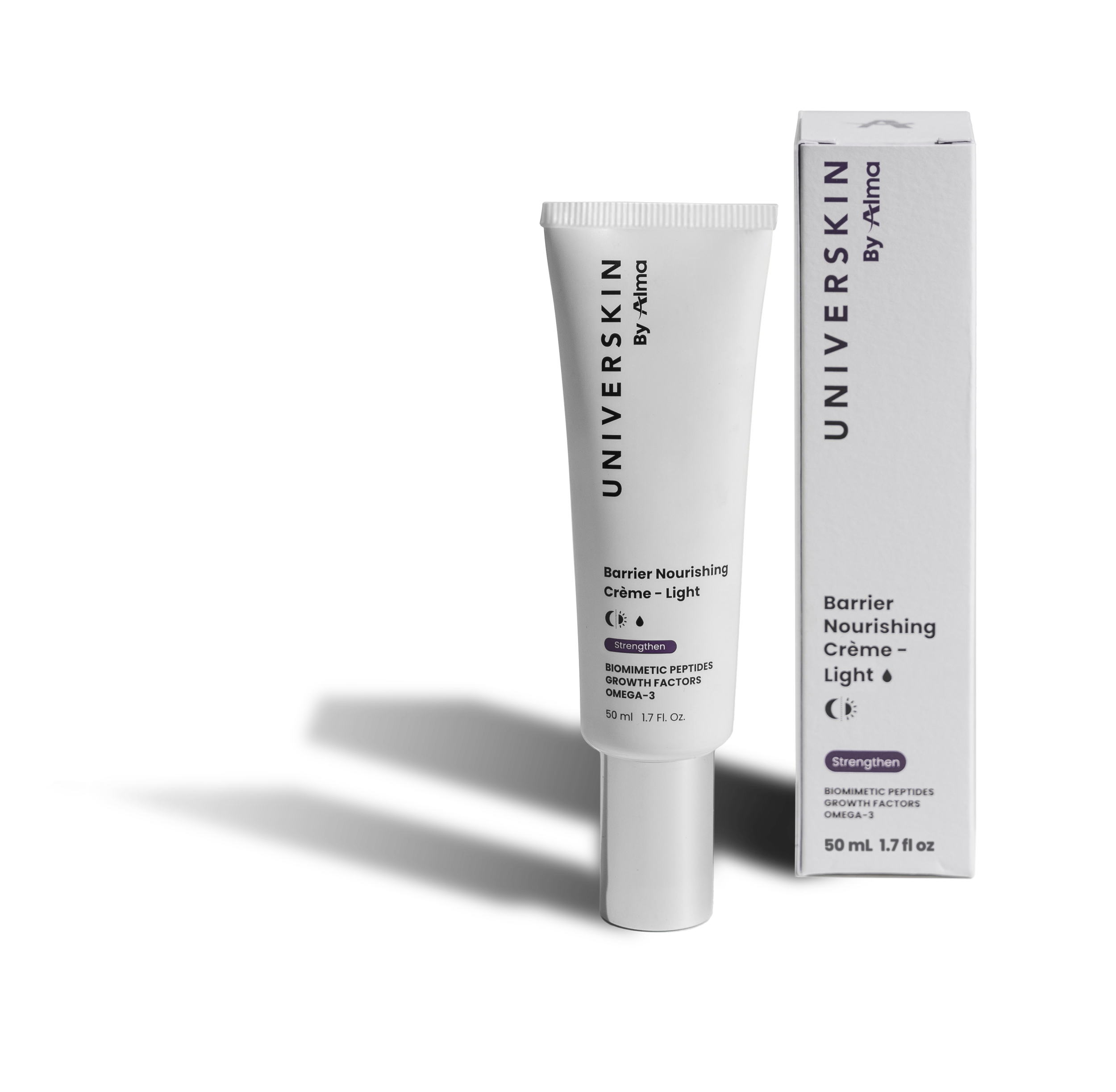 White bottle of CBD professional skincare solution Skin Brightening Serum with green accents next to its white box packaging, both on a black background.