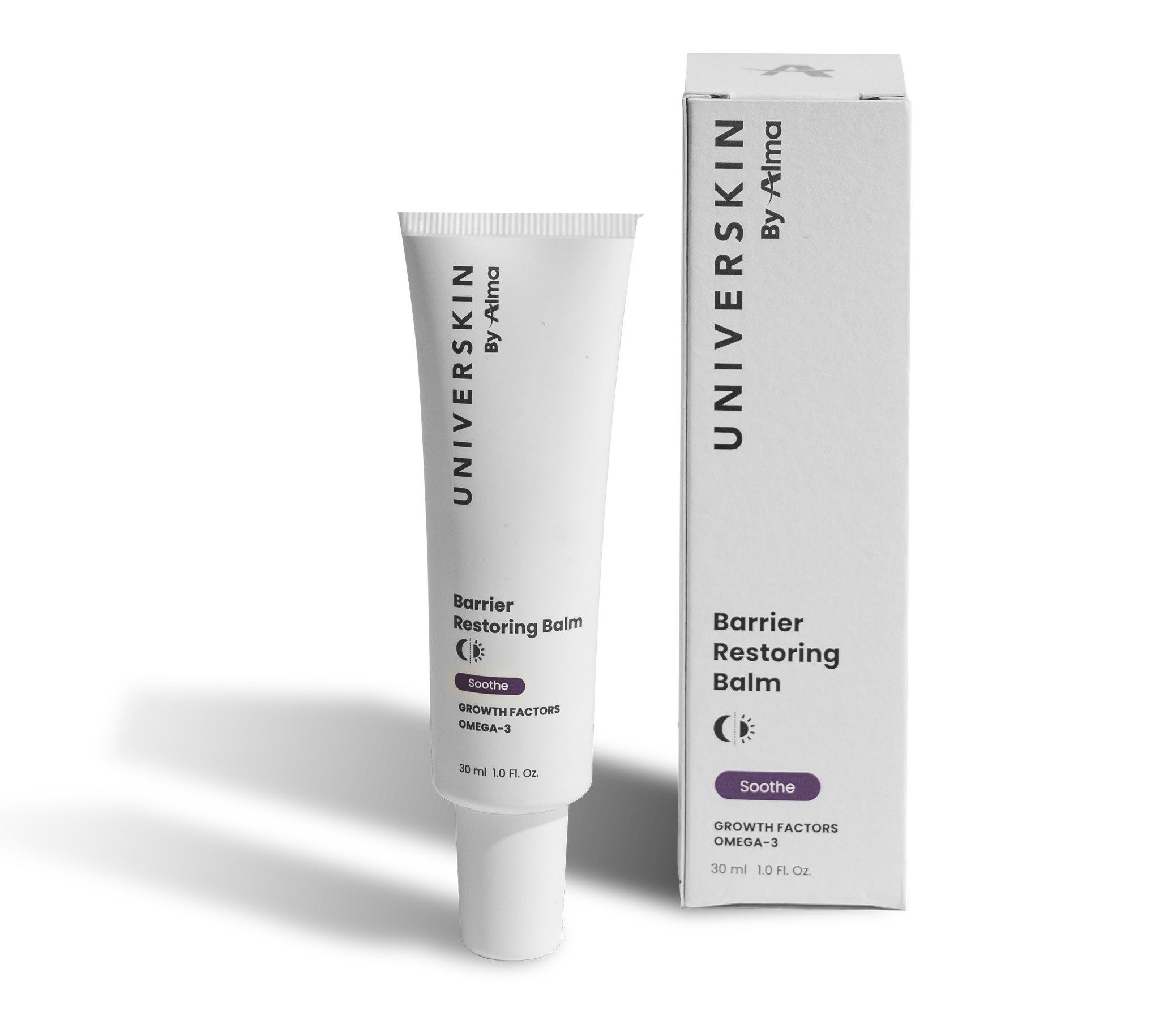 A tube of barrier restoring balm for after procedure and it's white universkin packaging