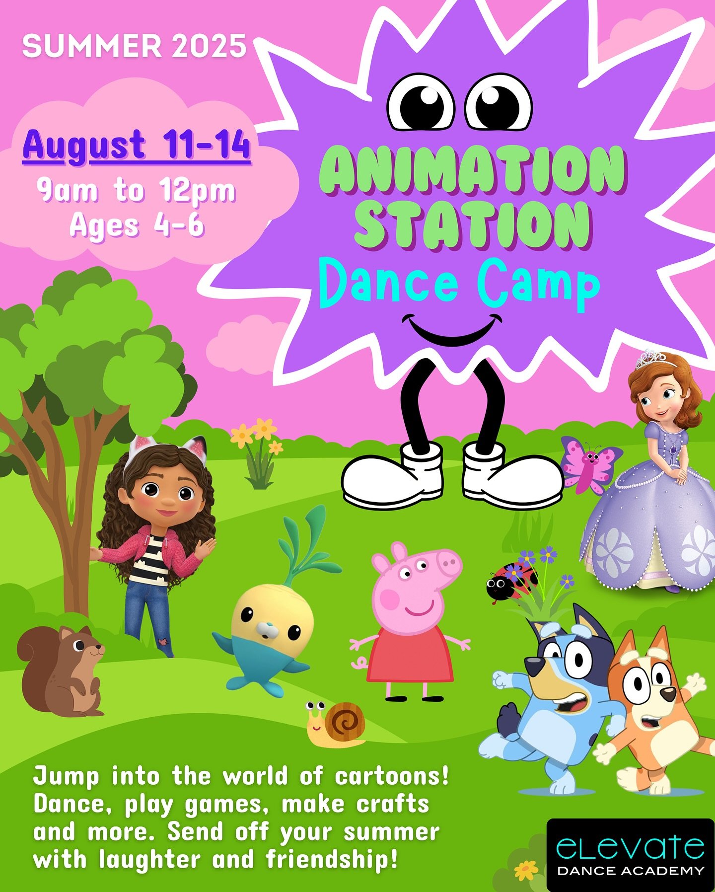 Jump into the world of cartoons! Dance, play games, make crafts and more, all with your favorite characters from all the fun cartoons. Send off your summer with laughter and friendship! Our Animation Station Summer Dance Camp is for ages 4-6 and runs