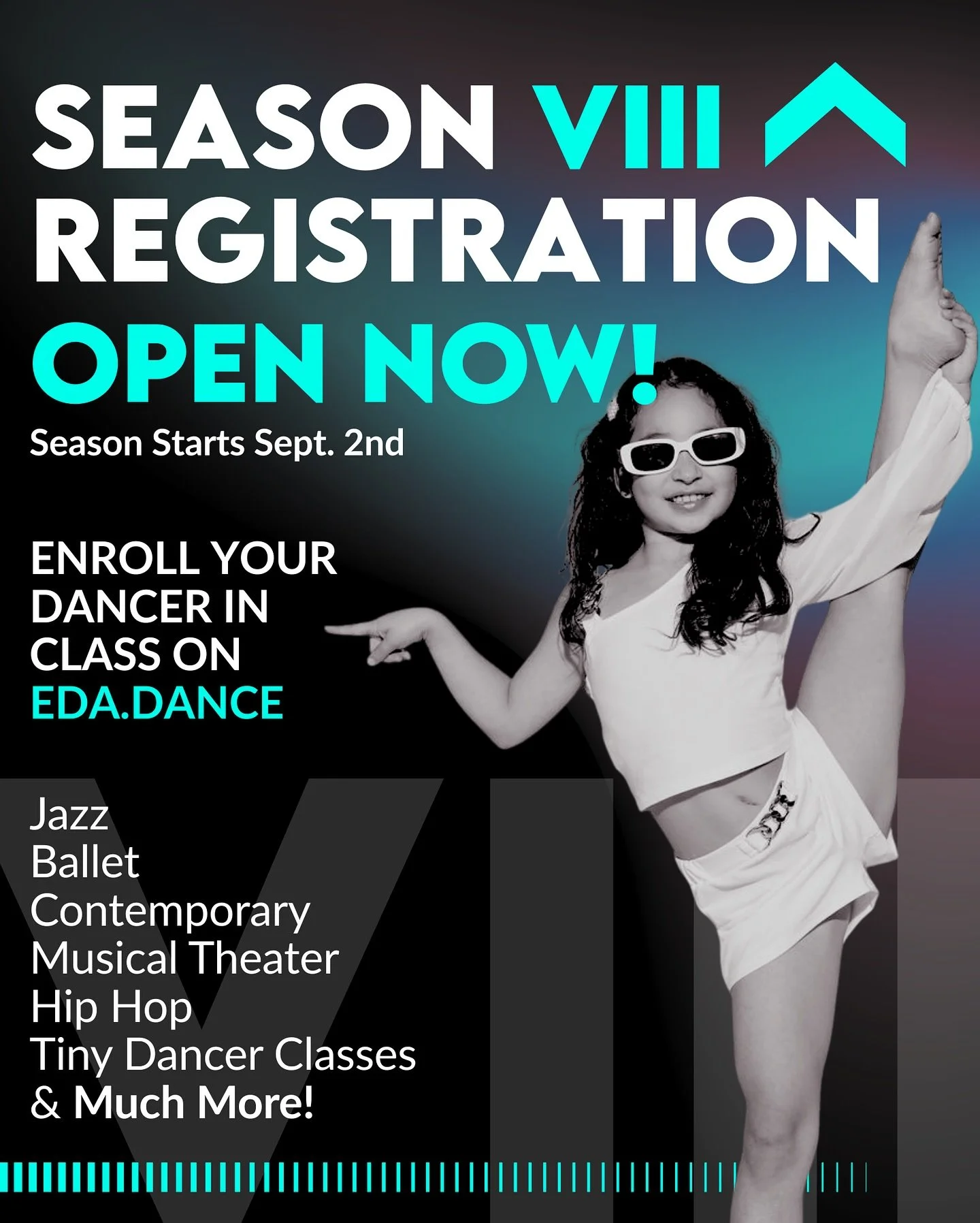 REGISTRATION IS OPEN! Season VIII Radiate is a GO! Jump on the parent portal and secure your spots in classes for the fall. Classes will be held Monday-Saturday, and we have something everyone ages 1.5-18, beginner to advanced. Come try something new