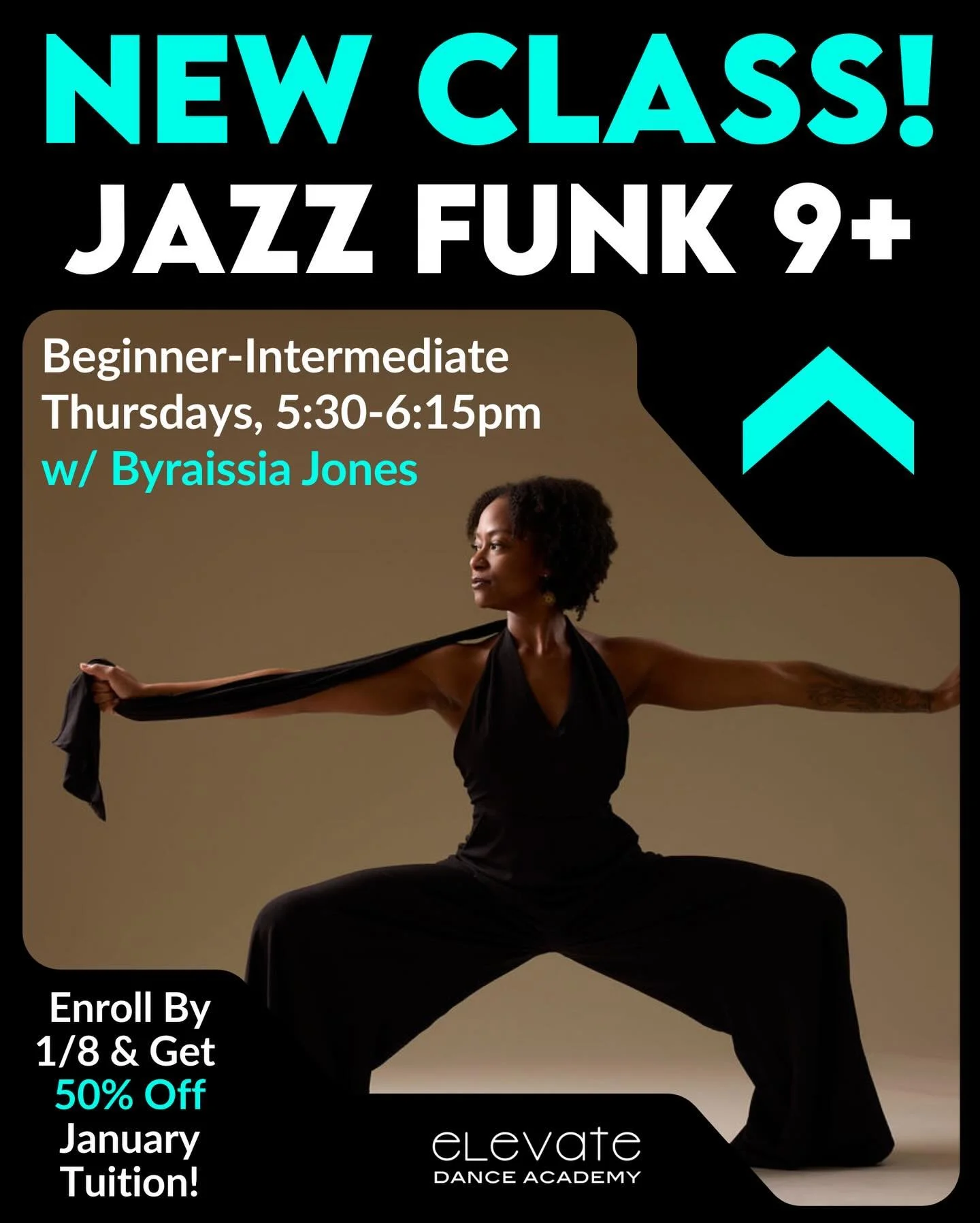 New Year New Class! Starting this Thursday, we have a new class on the schedule &mdash; Jazz Funk 9+ Beginner-Intermediate at 5:30-6:15pm with Byraissia Jones @dancin_rai! 🎉

This will be for ages 9+, and is geared towards beginner and intermediate 