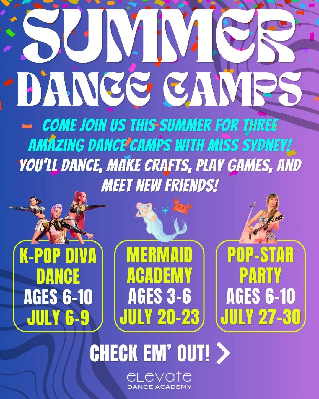 🥳 Join us at Elevate for three exciting Summer Dance Camps this July! Slay the day as a K-POP Diva, sparkle and shine at the Mermaid Academy, and become the star of the show at your very own Pop-Star Party.

📍 K-POP Diva Dance Camp
📅 July 6-9 (Mon