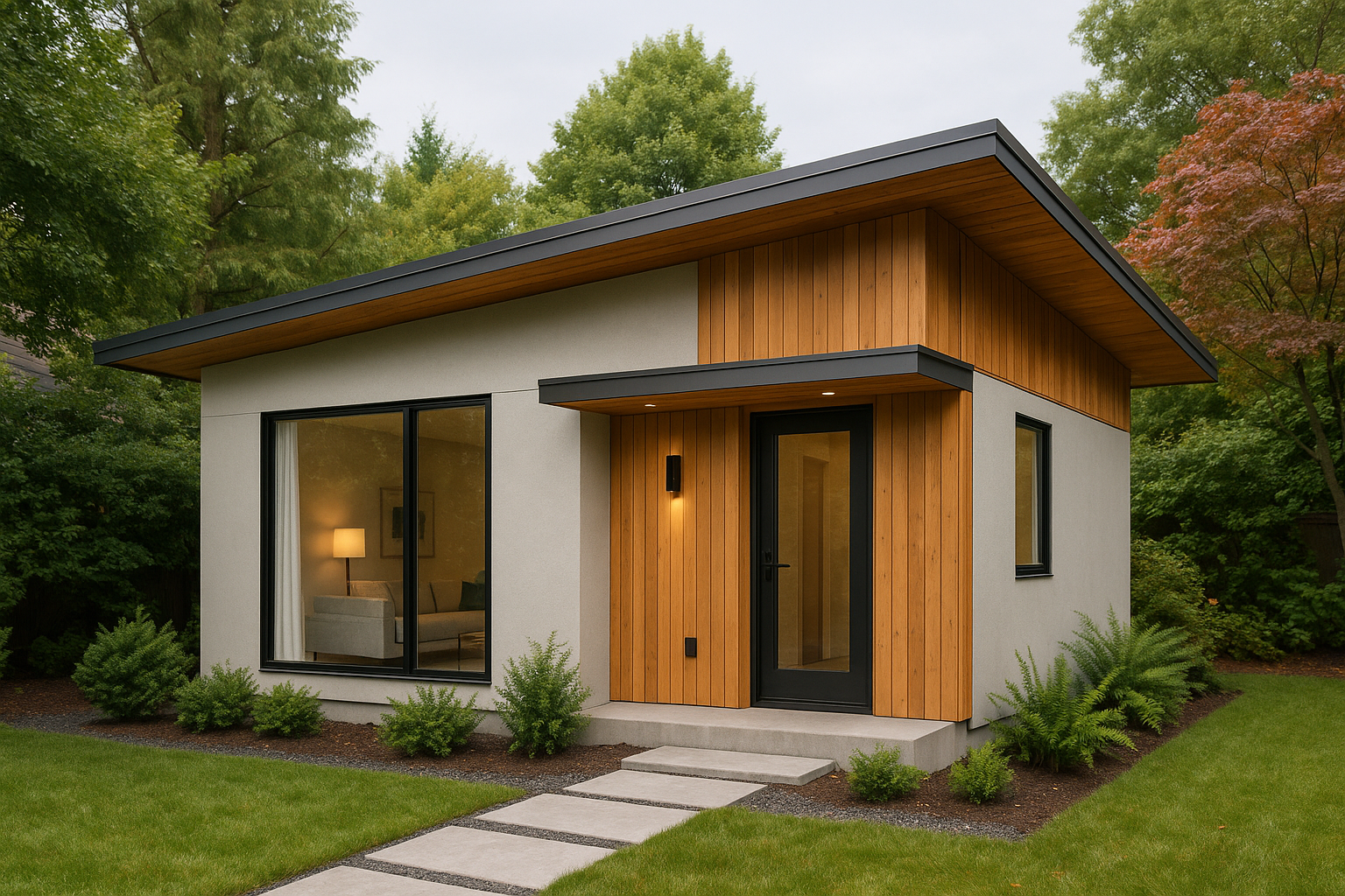 Modern house with a flat roof, large front window, and wooden accent panels, surrounded by green trees and a well-manicured lawn.