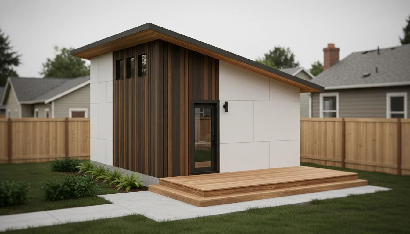 A modern small house with a sloped roof, white exterior walls with vertical wood panel accents, a black door, and a wooden deck, surrounded by a green lawn and a wooden fence.