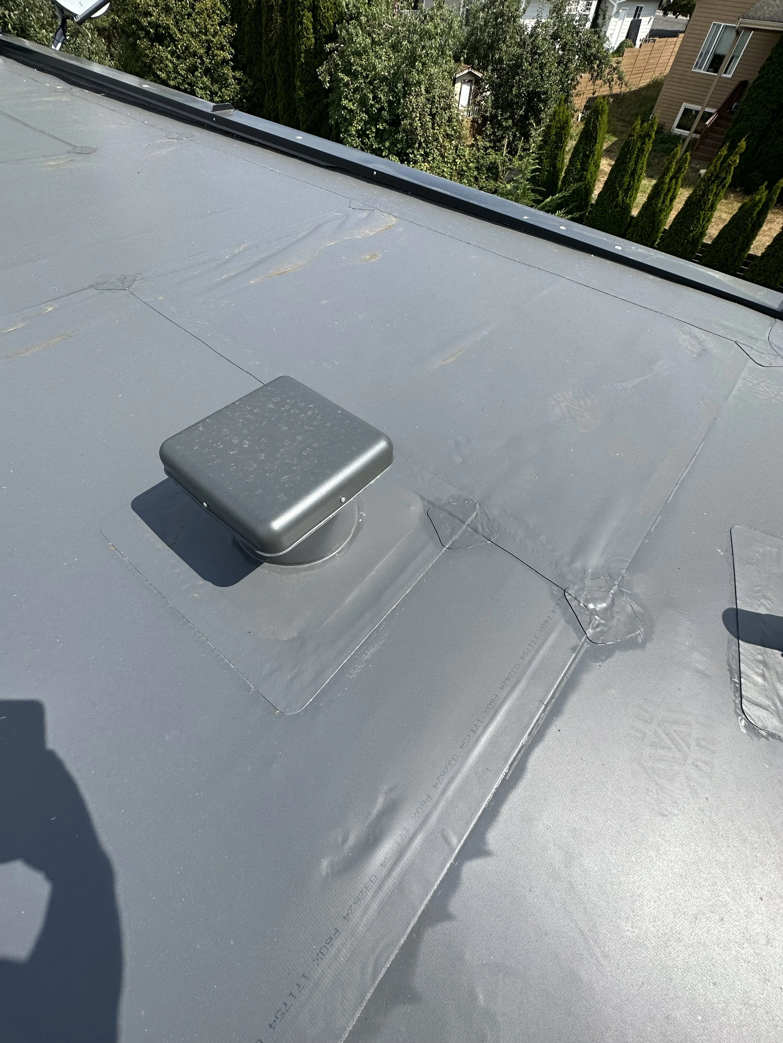 Close-up view of a metal roof with a vent pipe and patches of sealant during daylight, with a background of trees and neighboring houses.