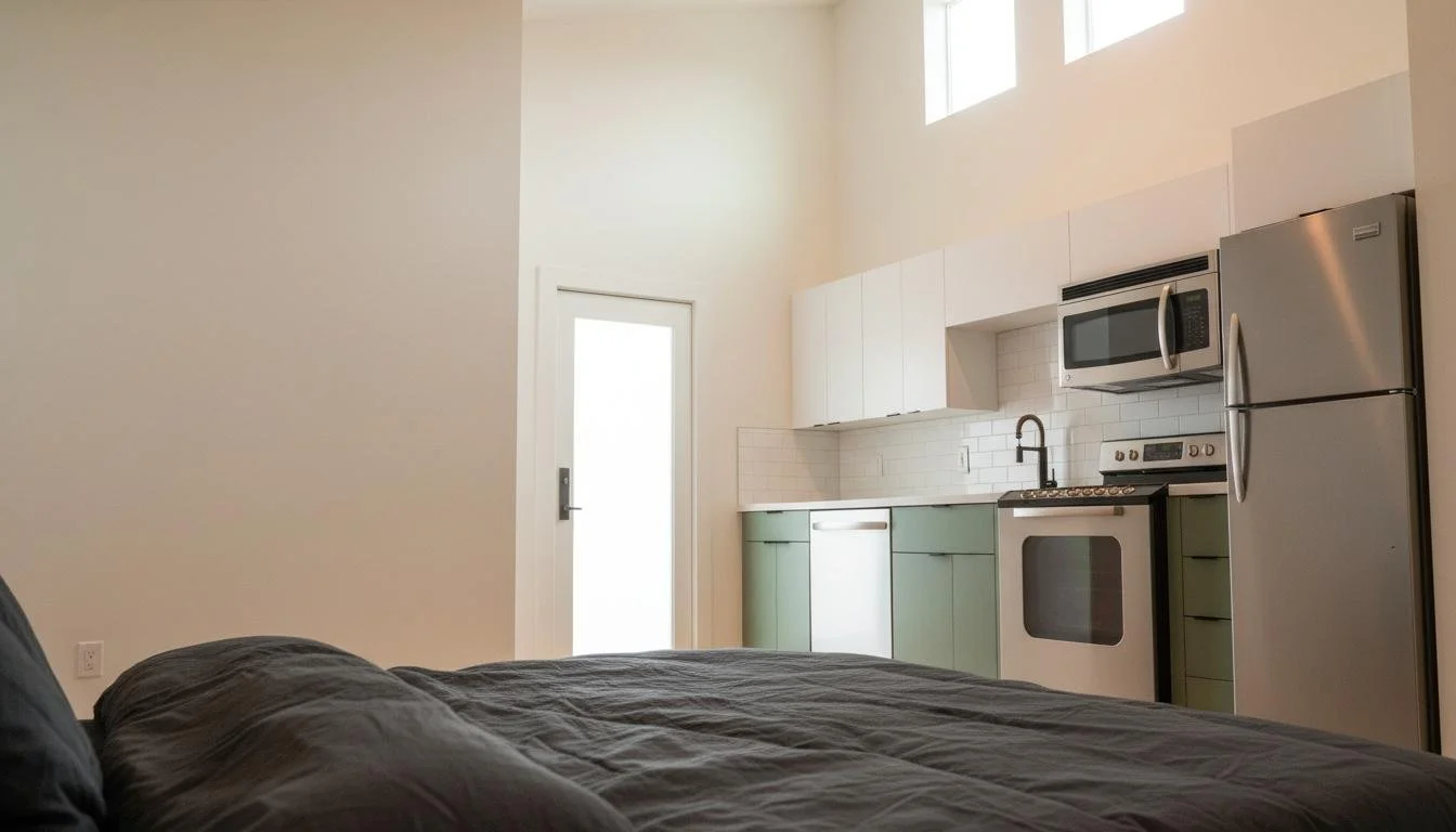Part of a bedroom with a dark gray bedspread, and a small kitchen with white and green cabinets, a silver refrigerator, microwave, stove, and a door leading outside, in a high-ceiling room with natural light.