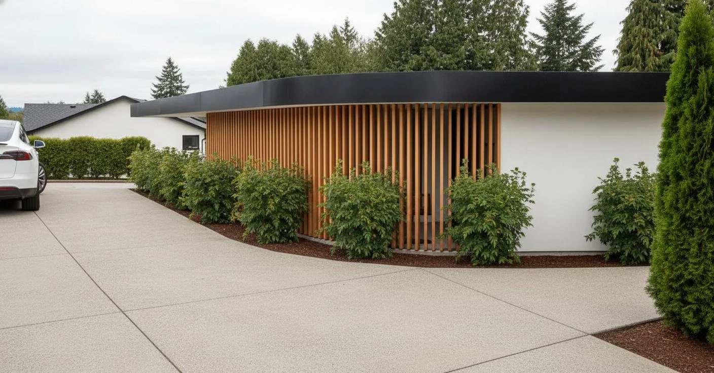 Modern house with a rounded black roof, white walls, and front landscaping including bushes and a wooden slatted fence.