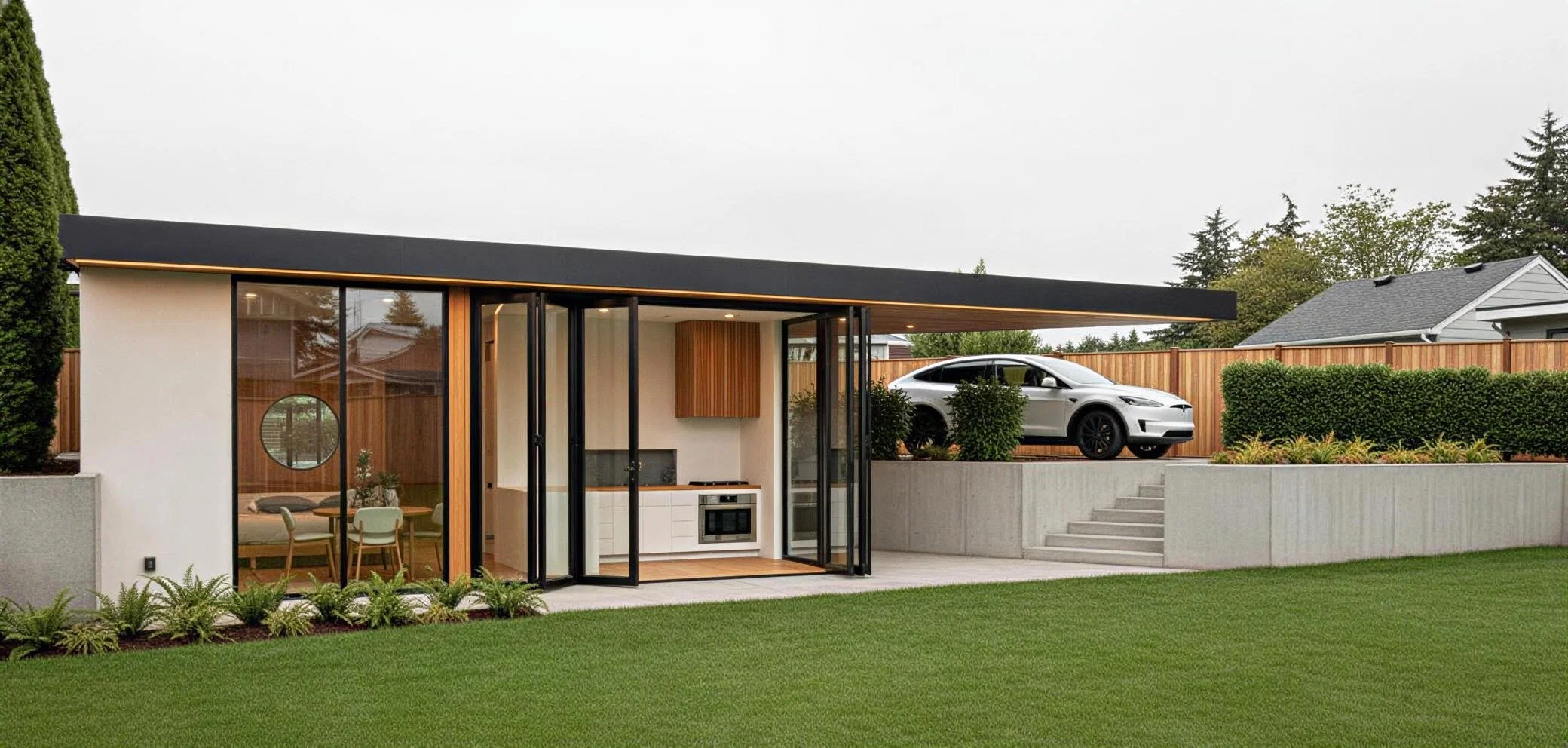 Modern backyard with a small outdoor kitchen, glass doors, lush green lawn, and a car parked on a raised area behind a wooden fence.