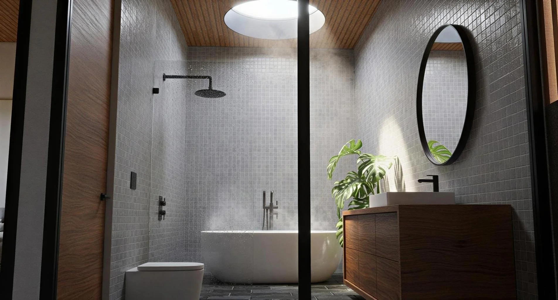 Modern bathroom with gray tile walls, black fixtures, a white tub with steam rising, a round mirror, a wooden vanity with a white sink, a black faucet, and a green plant