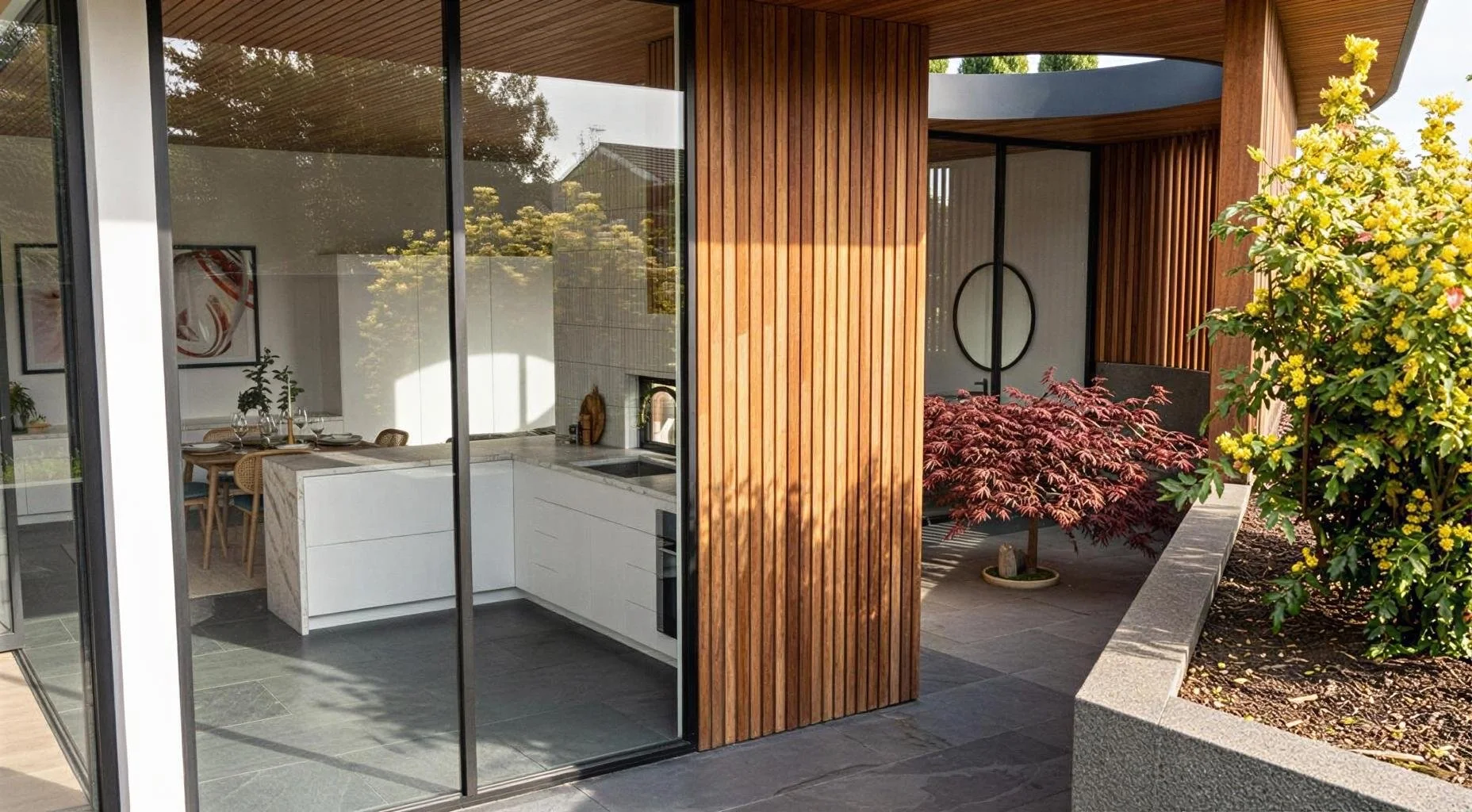 A modern house with extensive glass walls, wooden panels, and a small outdoor garden with colorful plants.