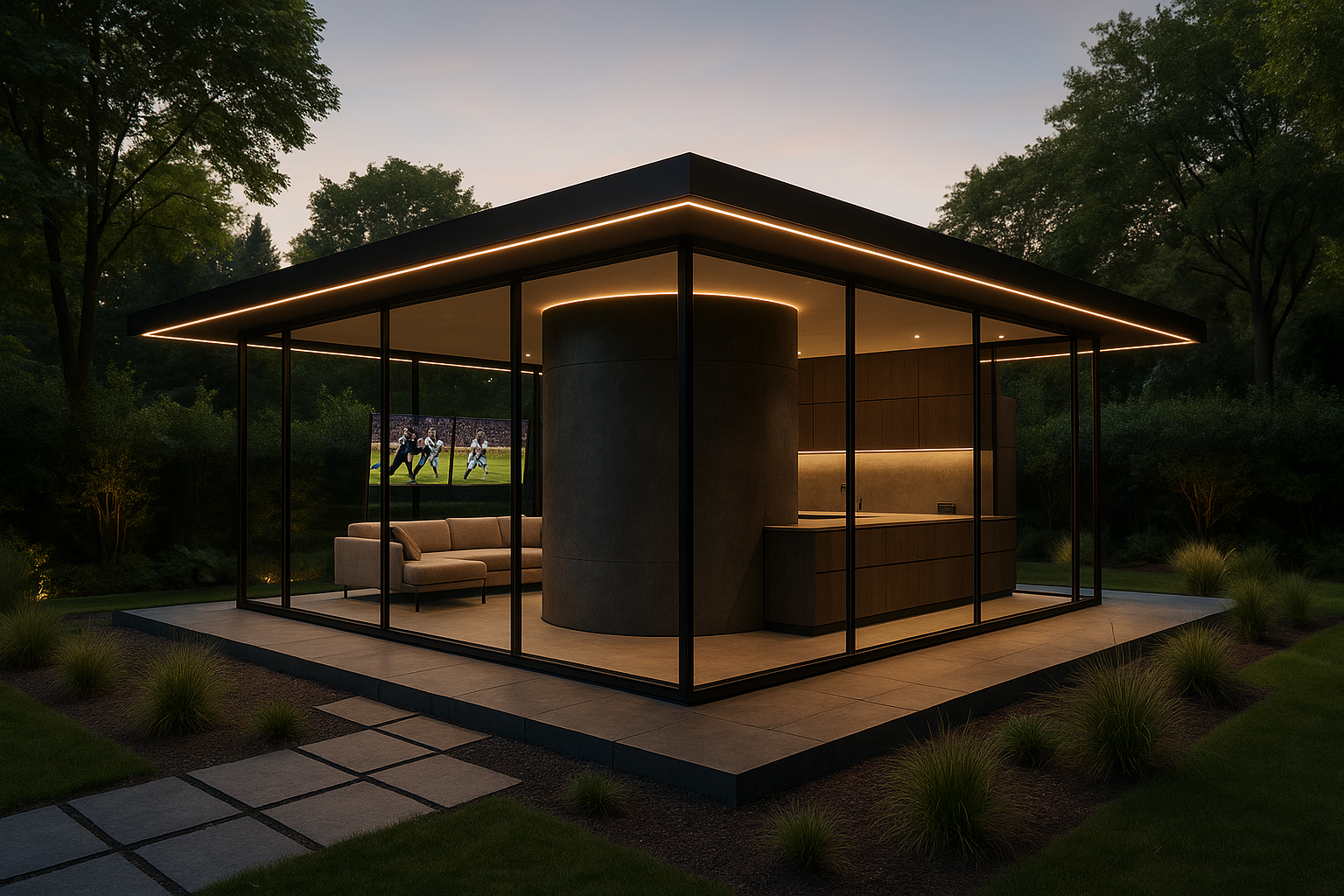 Modern glass house with minimalist interior, overlooking a wooded area at dusk.