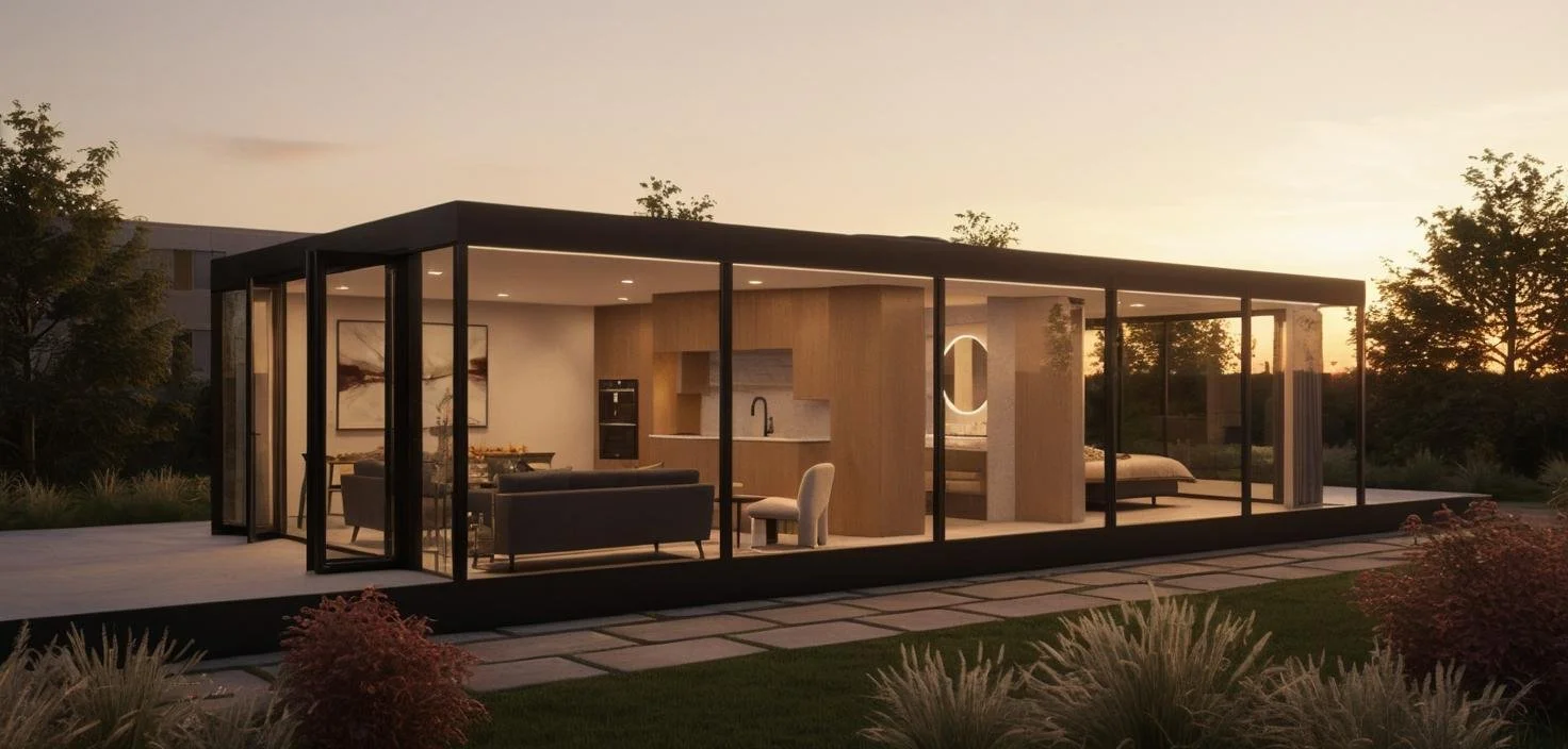 Modern glass house at sunset with interior living space, kitchen, bedroom, and outdoor patio area.