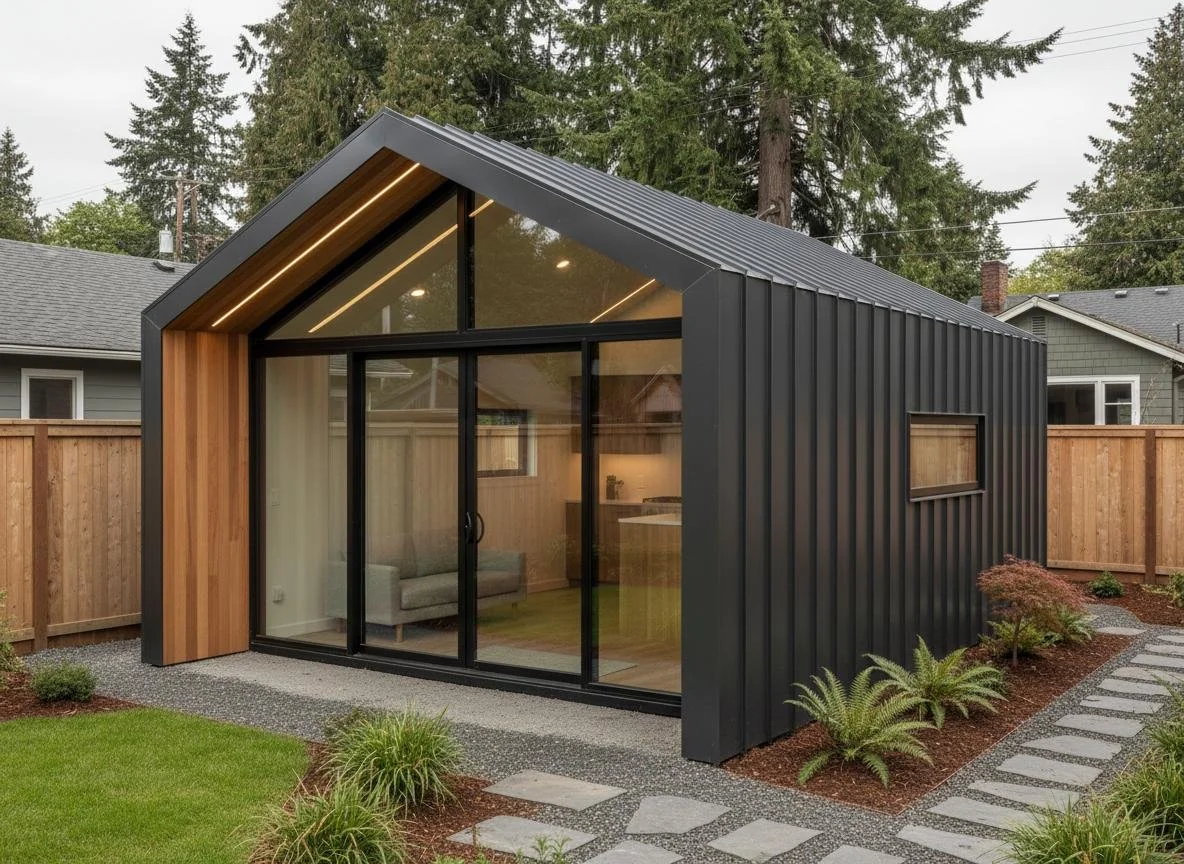 Modern small house with black metal exterior and large glass sliding doors, surrounded by a wooden fence, grass, and landscaping.