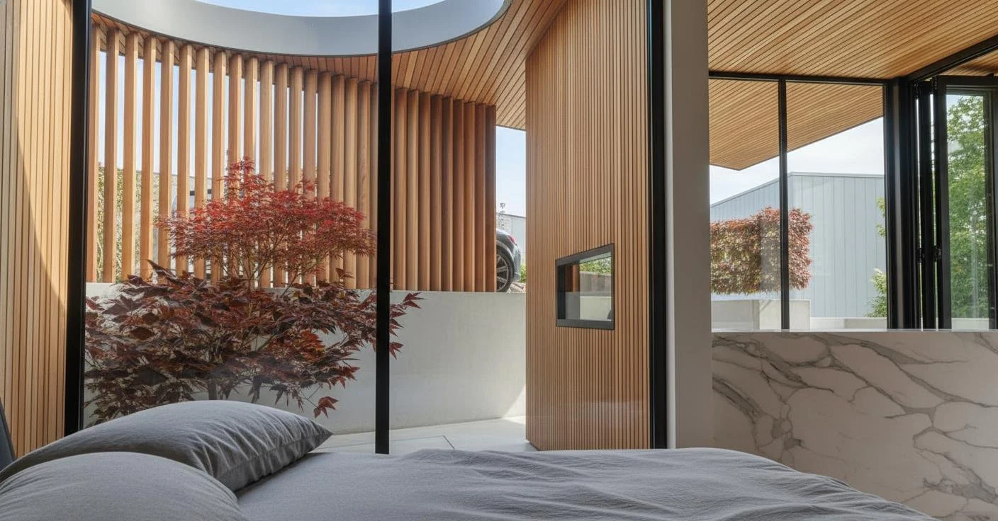 Interior bedroom with large glass windows, wooden vertical slats, and a view of a porch with a red-leafed tree outside.