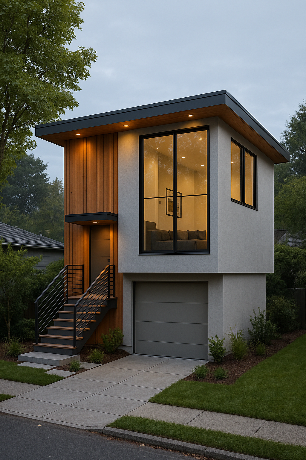 Modern two-story house with a flat roof, large windows, and a mix of white and wooden exterior design, illuminated from inside at dusk.