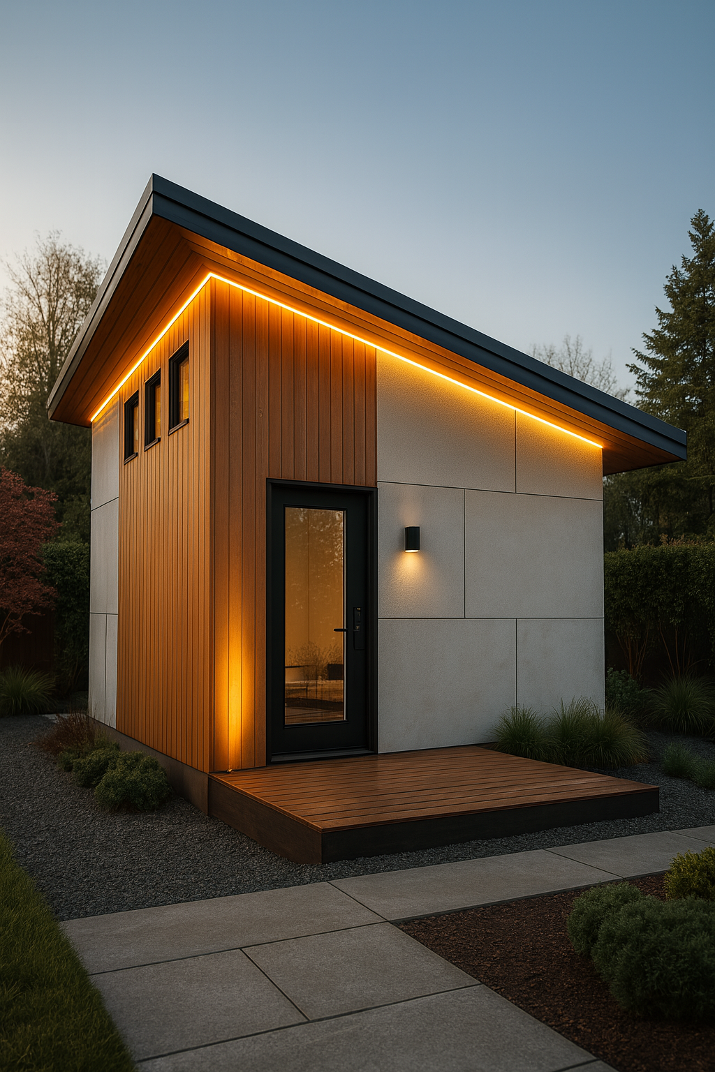 Modern small house with wooden and concrete exterior, illuminated by outdoor lighting, situated on a landscaped lot with a walkway, trees, and bushes, taken at dusk.