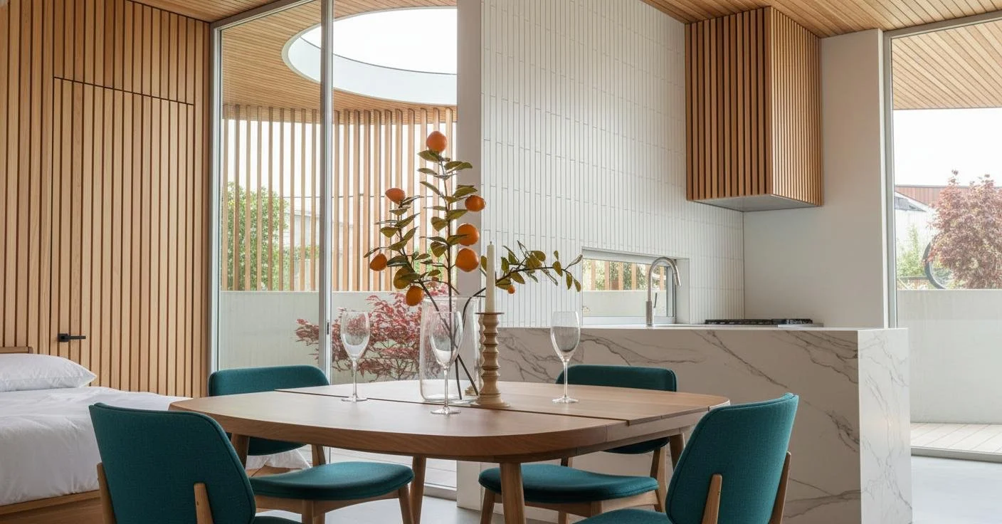 A modern kitchen and dining area with a round wooden table set with four glasses and a vase with orange fruits, surrounded by teal chairs, and featuring wooden slats on the walls and ceiling.