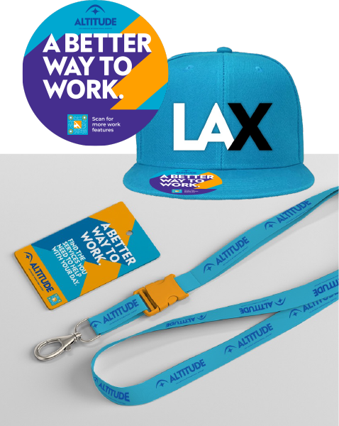 Altitude branded sticker, hat, and lanyard