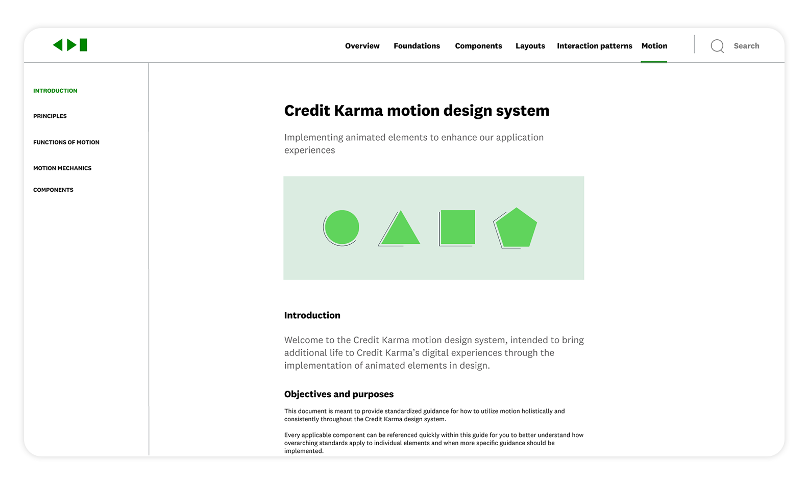 A screenshot of the Credit Karma Motion design system webpage