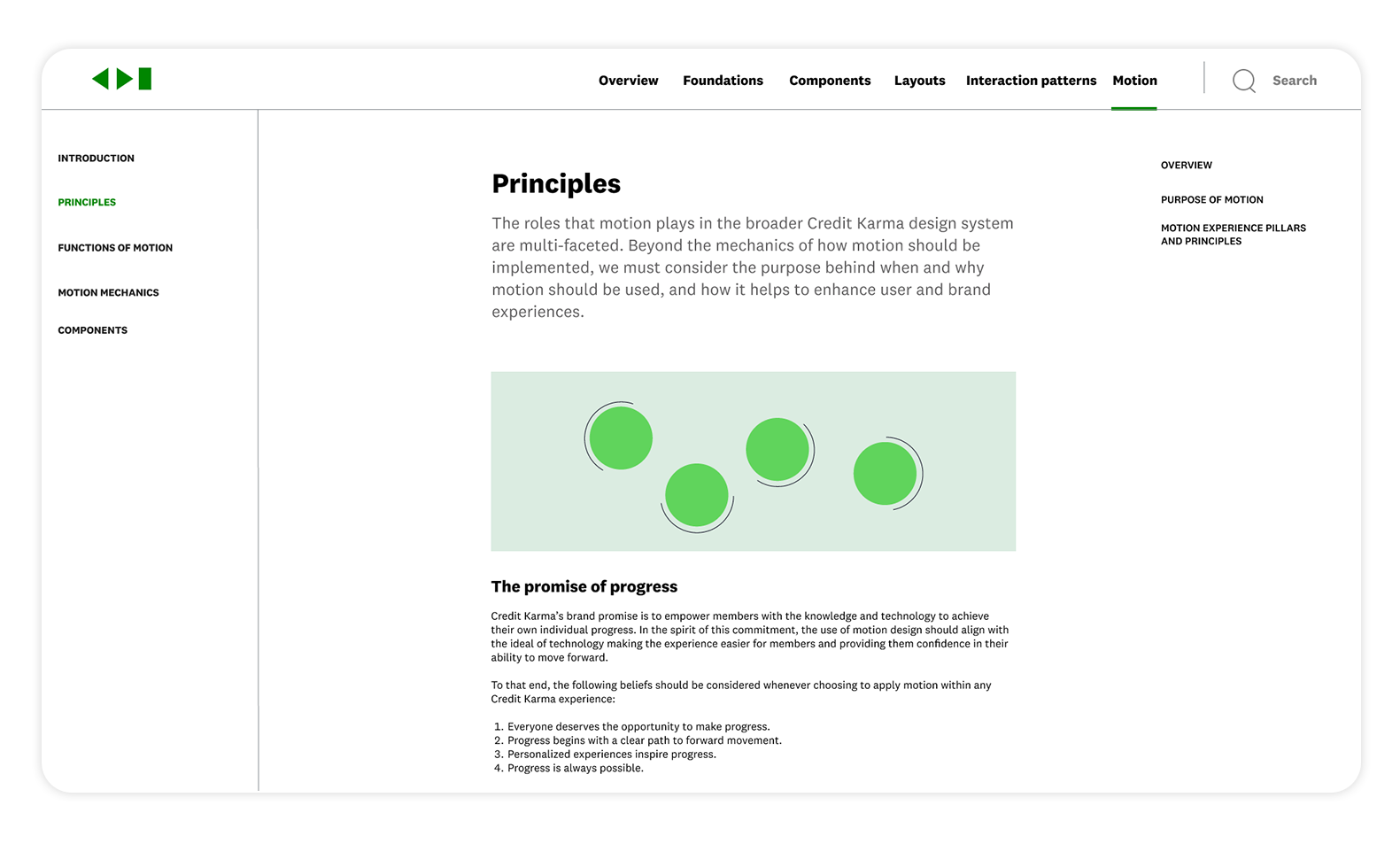 A screenshot of the Credit Karma Motion design principles webpage