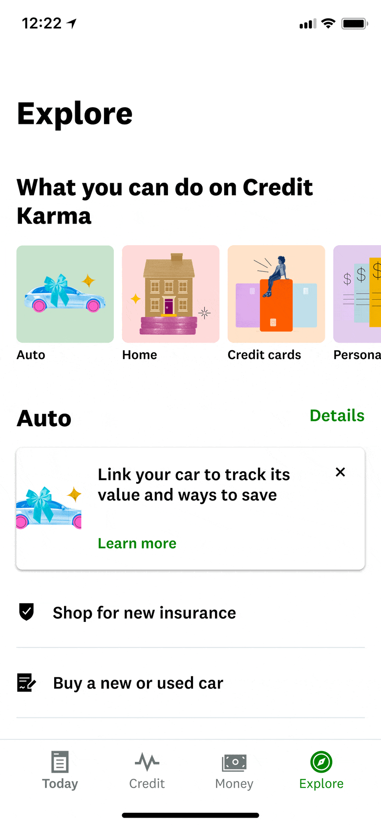 A screenshot of the Credit Karma banking app