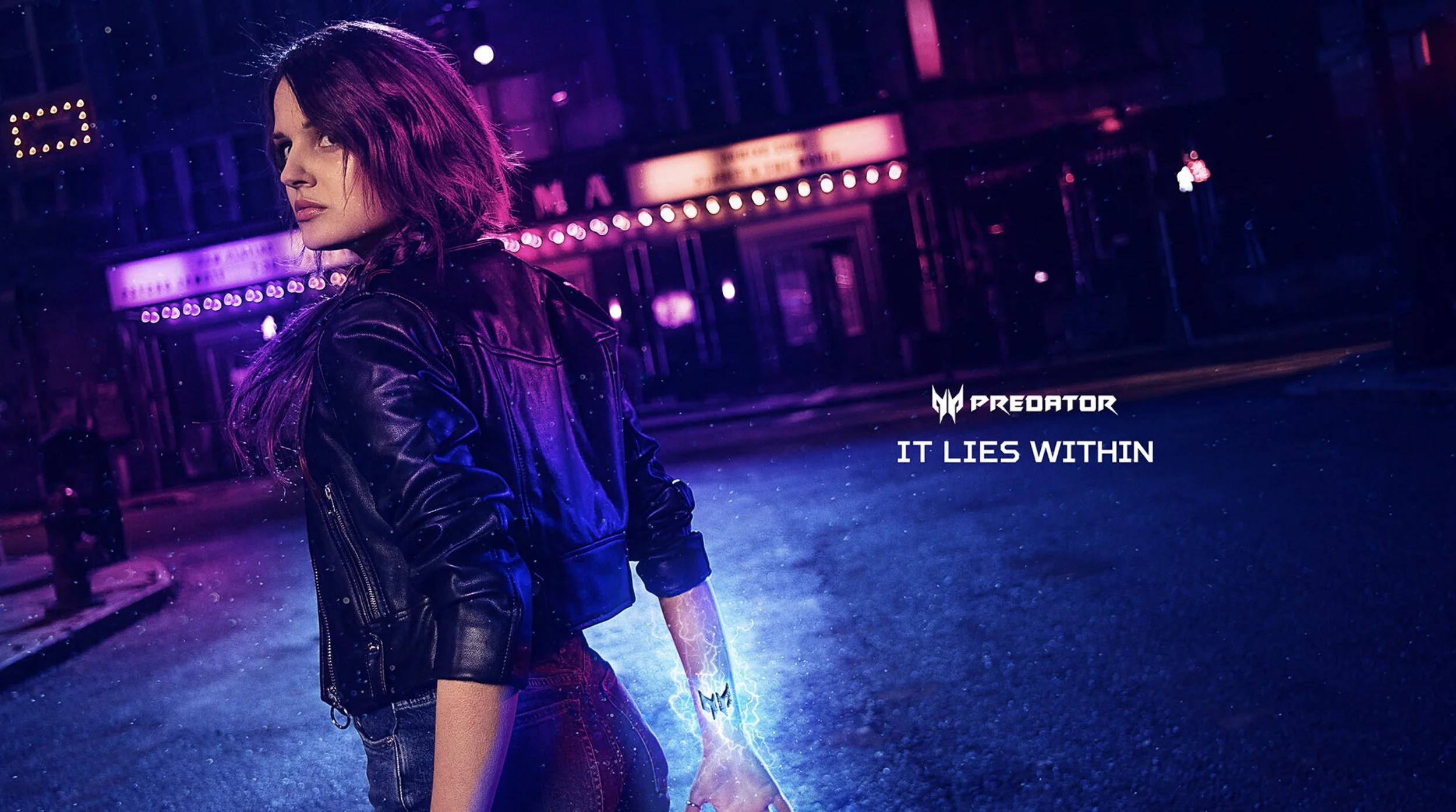 A girl wearing a jacket standing in the street at night