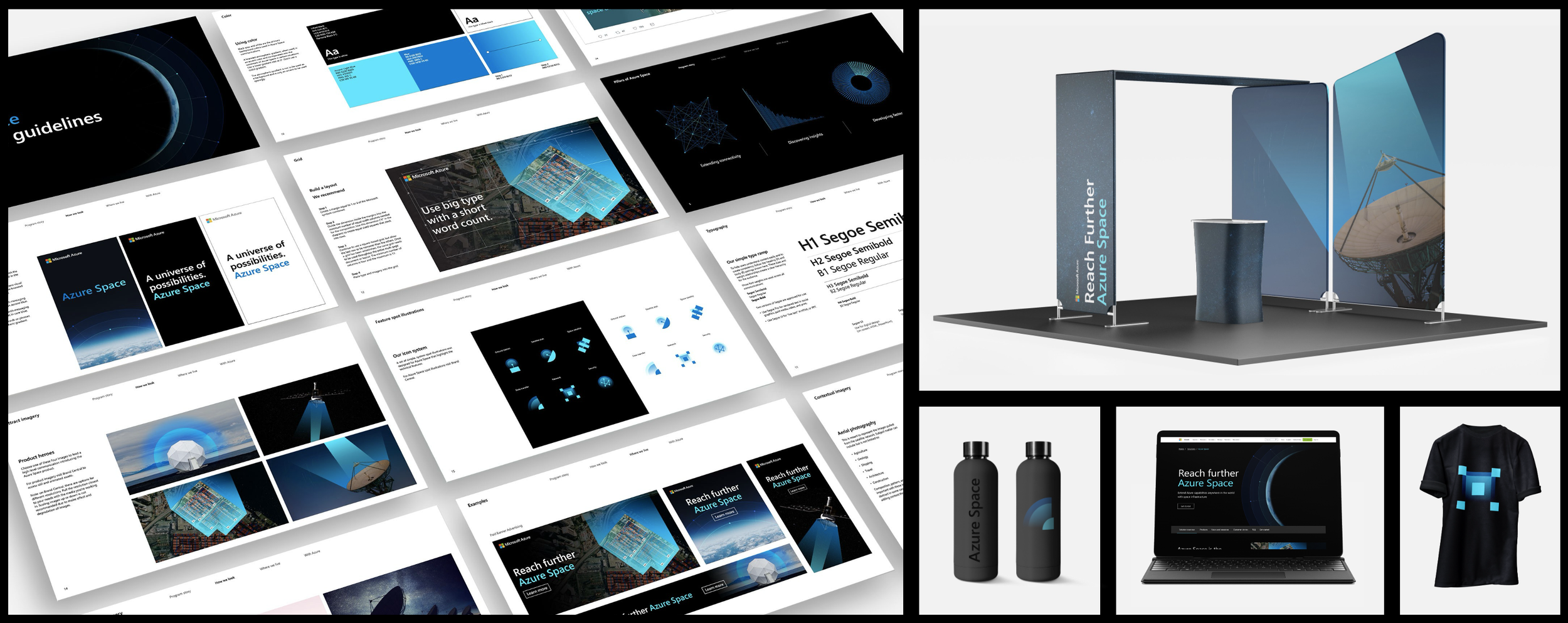 Artifacts of Azure Space brand work, including brand guidelines, event booth design, website design, and swag.