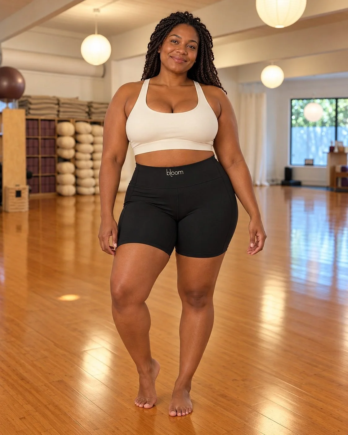 Black Bloom Practice Shorts at Bloom Yoga studio, front view