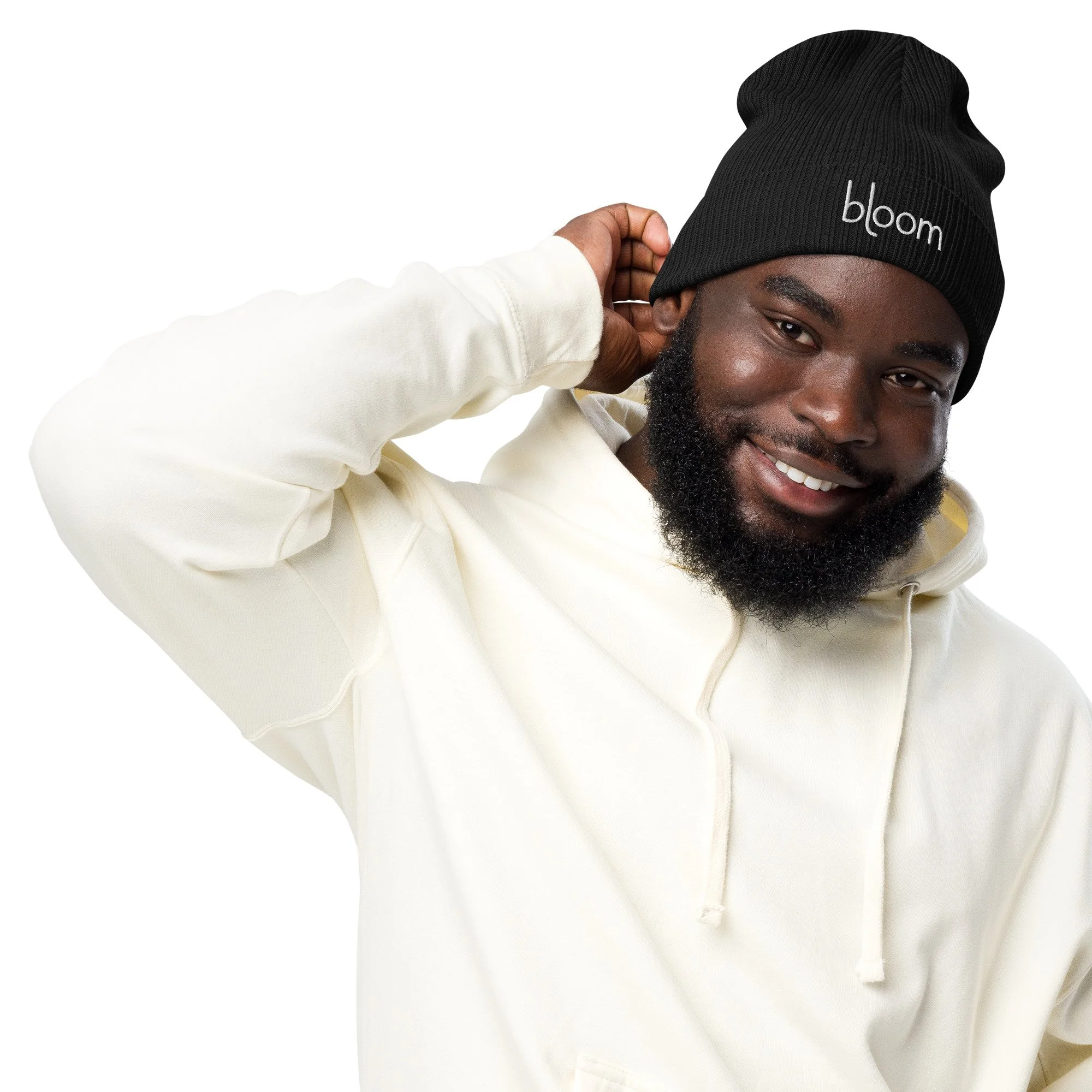 Bloom Organic Ribbed Beanie in black, front view